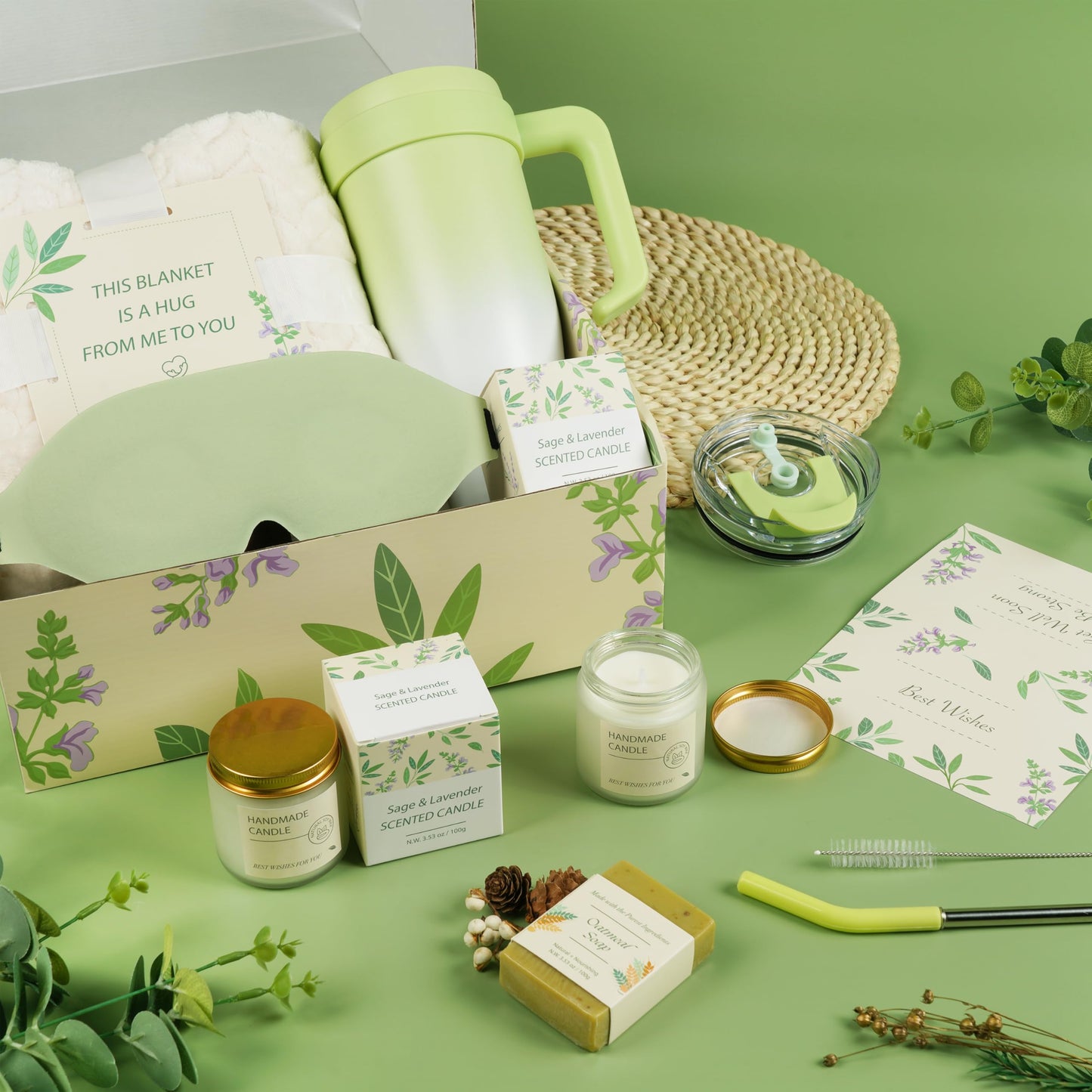 Get Well Soon Gifts for Women，Post Surgery Recovery Gifts with 40 OZ Tumbler & Flannel Blanket, Thinking of You Care Package for Her, Relaxing Self Care Kit with Sage Candle, Soap & Eye Mask