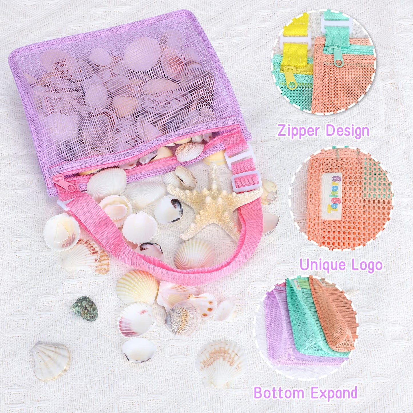 Tagitary Beach Toy Mesh Beach Bag Kids Shell Collecting Bag Beach Sand Toy Shells Beach Toys Swimming Accessories for Boys and Girls(Only Bags,A Set of 3)
