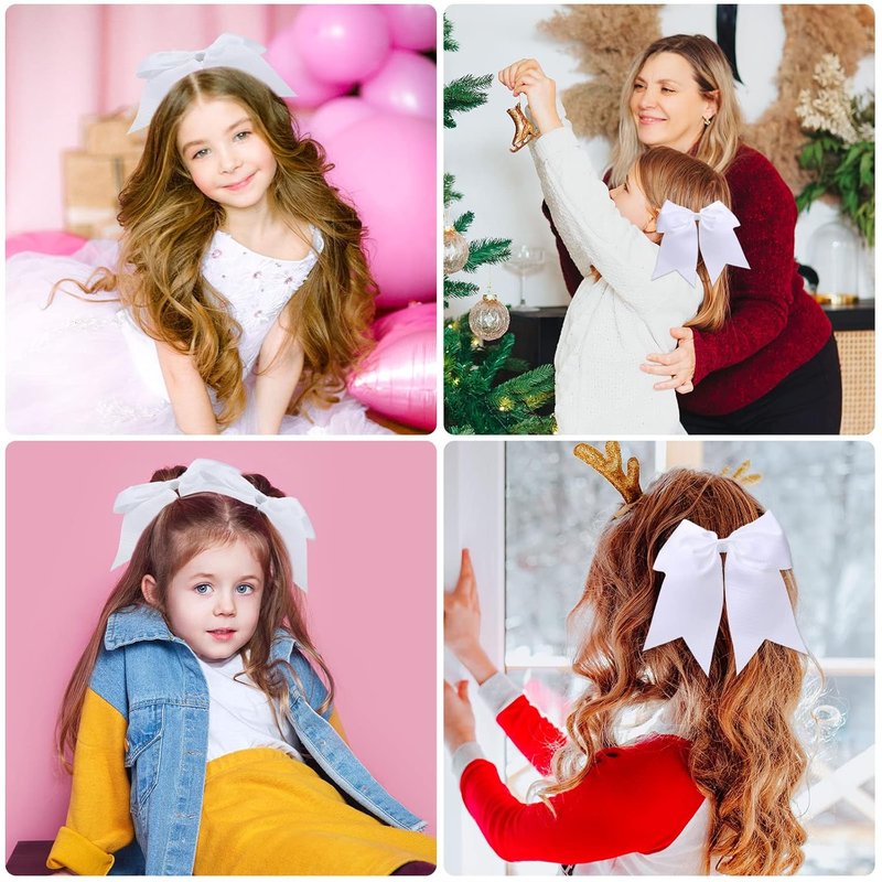 Cheer Hair Bows for Girls - 50 Pcs 8" White Large Cheerleading Bows with Elastic Ponytail Holders | Perfect for Sports Teams & Dance Accessories