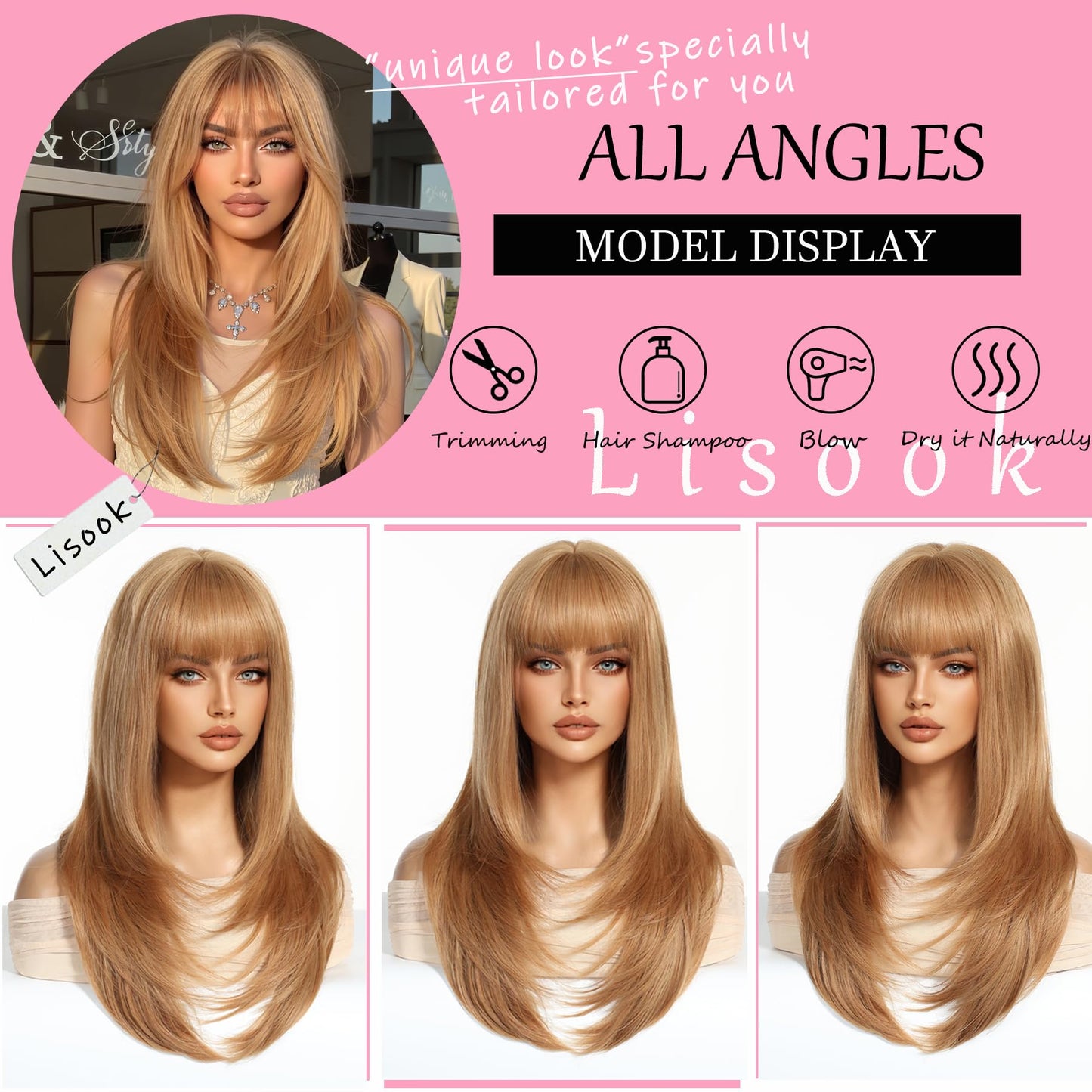 Lisook Strawberry Blonde Wig with Bangs Long Straight Wigs for White Women Layered Wig Synthetic Natural Hair Wigs for Women Hair Replacement Wig Realistic for Cosplay Holiday Daily Party Use 24 Inch