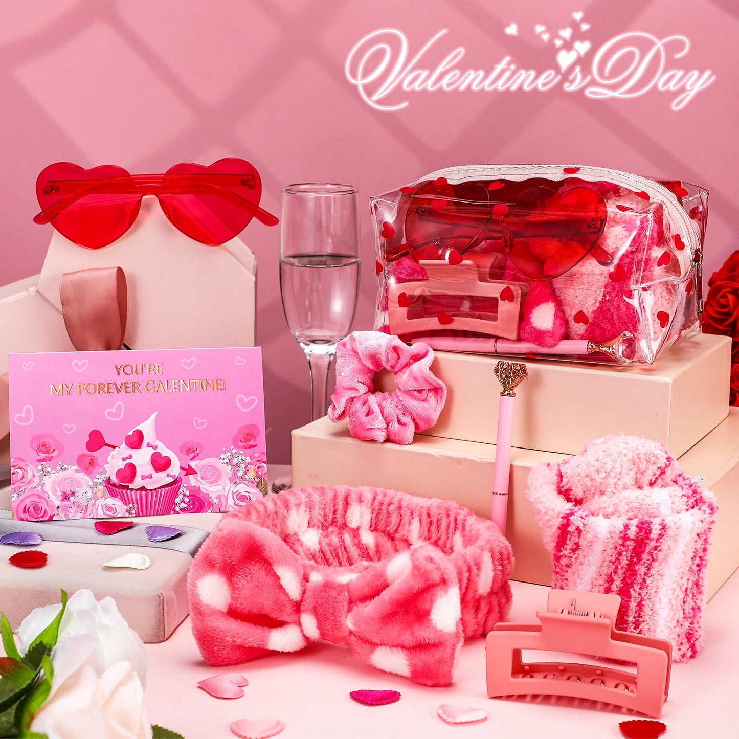 Geiserailie 4 Set Galentine's Gift 32 Pcs Valentines Gift for Her Pink Makeup Bags Spa Hairband Hair Scrunchies Hair Clips Heart Sunglasses Pens Socks Cards Sleepover Party Supplies for Women
