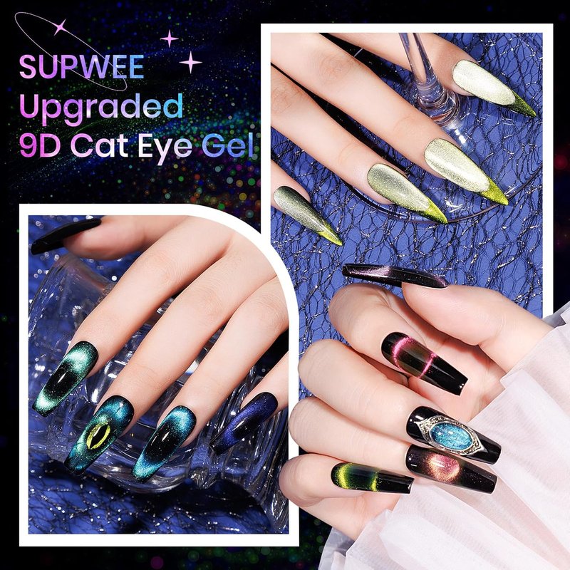 Cat Eye Gel Nail Polish Set - 12 Colors 9D Magnetic Nail Art | DIY Home Manicure Kit with Black Gel & Lamp