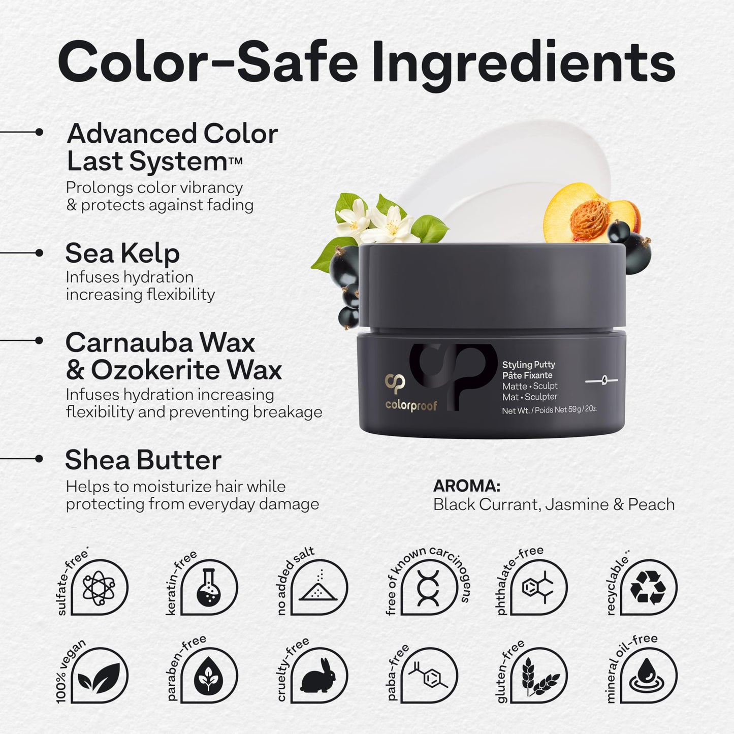 Colorproof Styling Putty 2 Fl. Oz. with Color and Heat Protection, Black Currant, Jasmine & Peach Scent, Firm Hold Hair Putty with Matte Finish