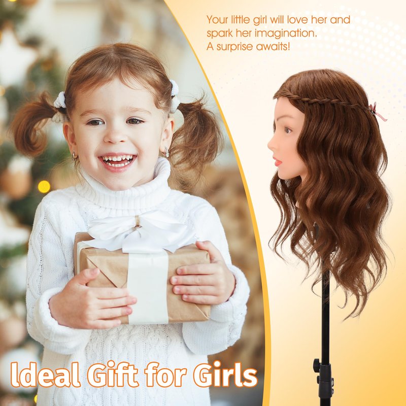 Mannequin Head Human Hair 100% Real Hair Cosmetology Mannequin Head for Practice Braiding Hairstyling Cutting with Tools and Tripod Stand (Dark Brown)