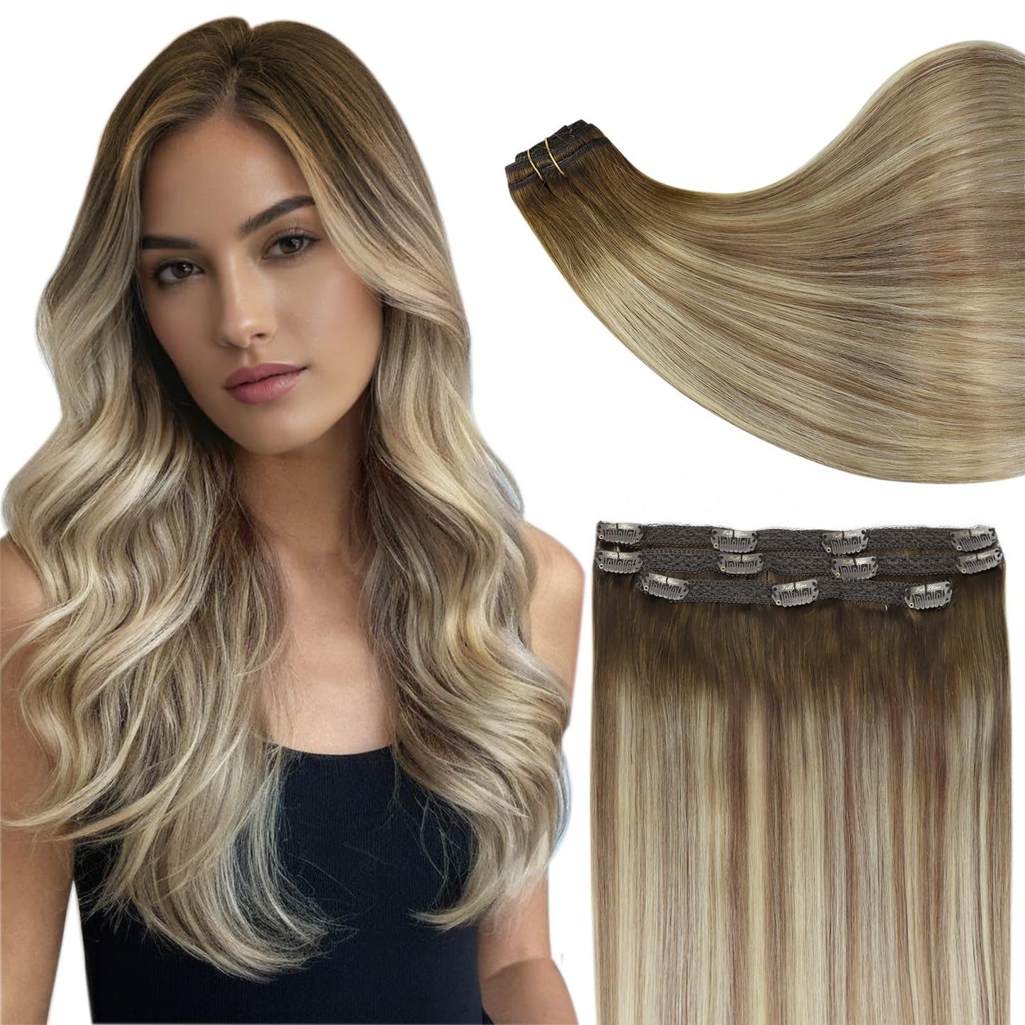 Full Shine Ombre Hair Extensions Clip in Human Hair, Dark Brown Roots Ash Brown Mix Medium Blonde Lace Weft for Layered Hair Enhancement, 16 Inch 3 Pcs 60g