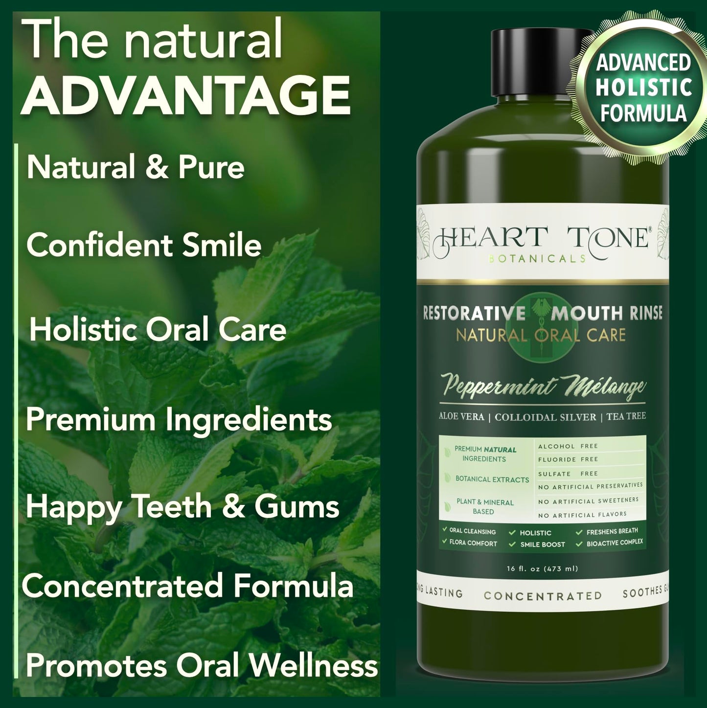 Heart Tone Botanicals Colloidal Silver Mouthwash | Nano Silver Alcohol-Free Mouth Rinse | Aloe Vera, Zinc, MSM & 18 Botanical CO2 Extracts | pH Balanced | Fluoride Free | Peppermint