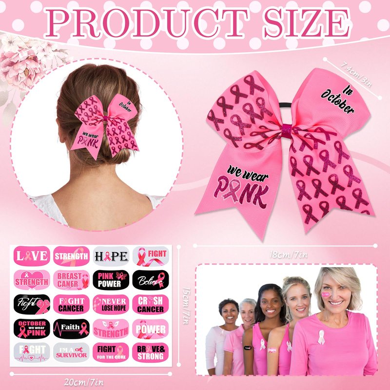 24Pcs Breast Cancer Awareness Cheer Bows Set includes 24 Pink Cheer Bows and 16 Breast Cancer Awareness Temporary Tattoos for Teen Girls Cheerleading Fundraising Event Party(Glitter Pink)