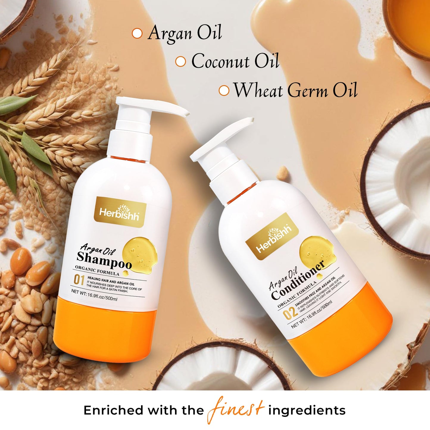 Herbishh Argan Oil Shampoo & Conditioner Set, Deep Cleansing Formula for Dry & Frizzy Hair, Helps Nourish Damaged Color-Treated Hair with Shea Butter, Jojoba & Coconut Oil, 16.9 fl oz Each