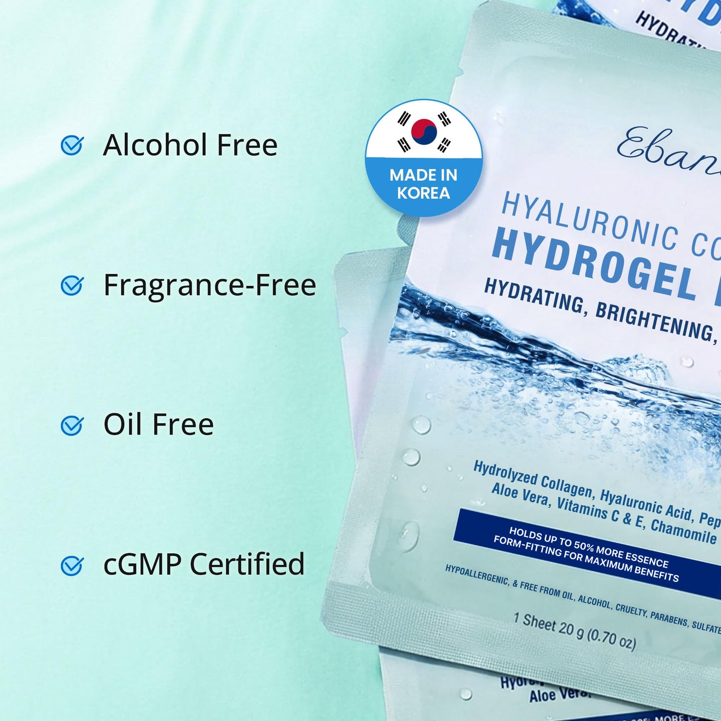 Ebanel 10 Pack Hydrogel Collagen Face Mask with Hyaluronic Acid, Vitamin C, Peptide, Aloe, Instant Brightening Hydrating Face Masks Skincare Korean Sheet Mask, Skin Firming, Lifting Anti Aging Masks