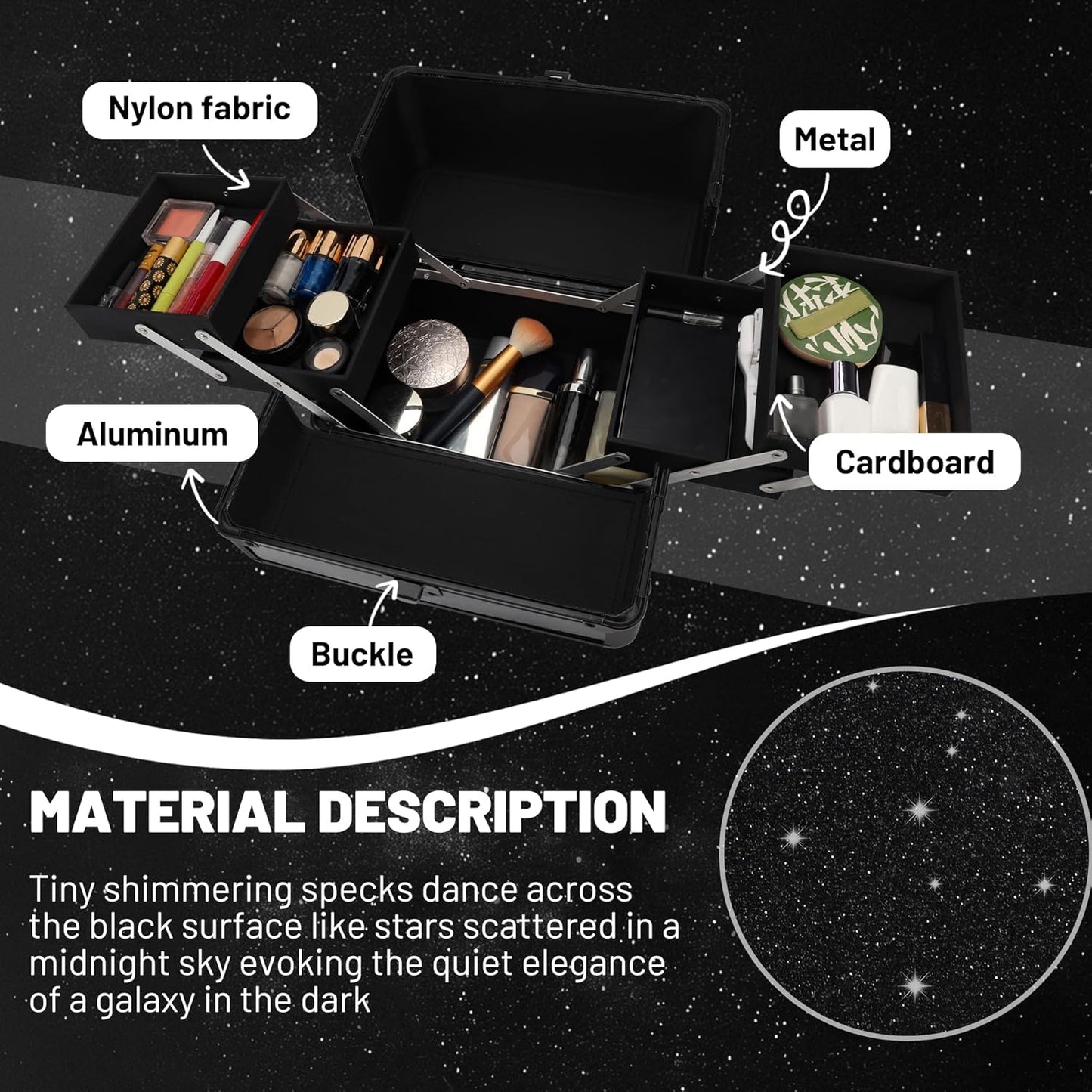 Makeup Train Case - 10.2" Hard Vanity Organizer with 4 Trays | Lockable Starry Black Travel Case for Artists