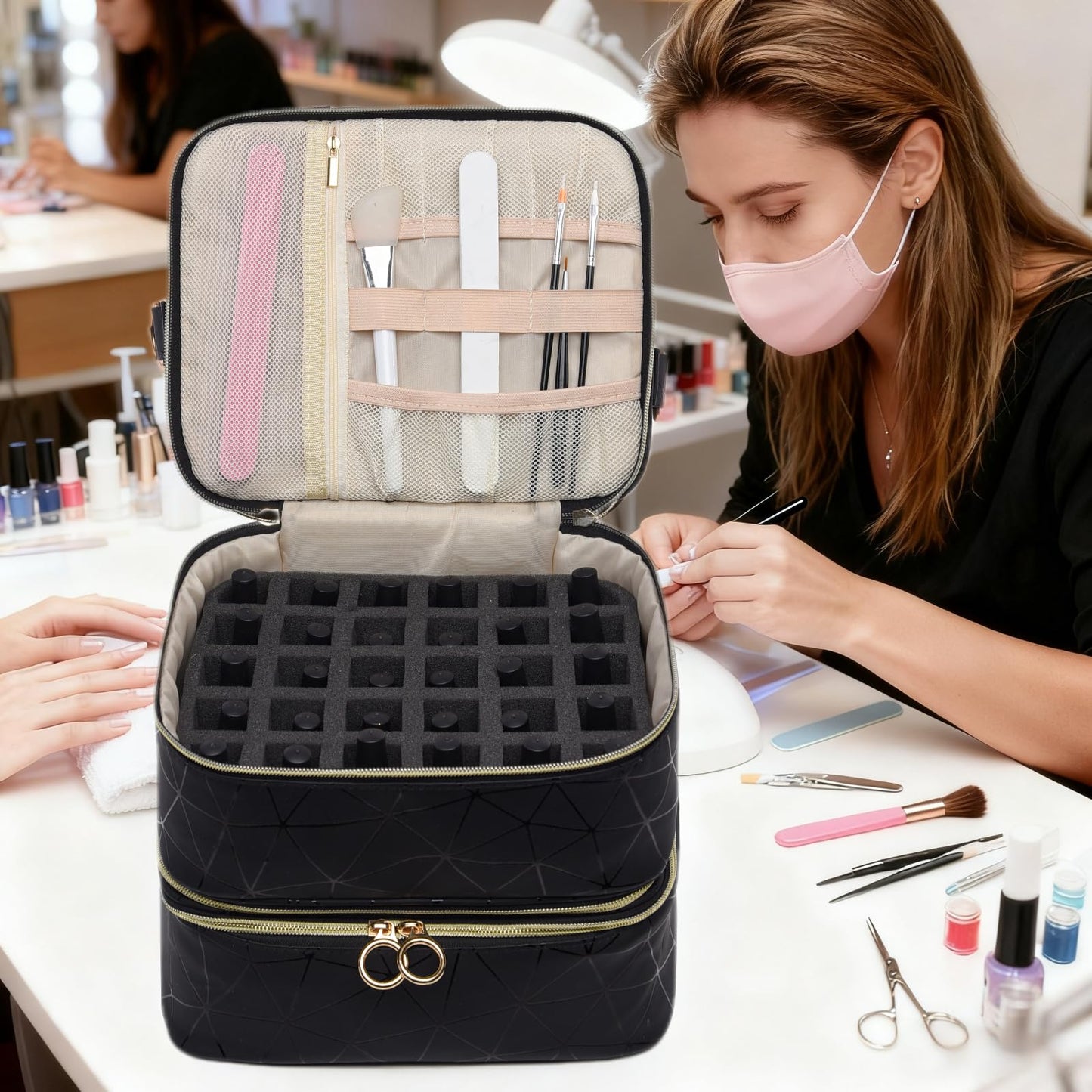 Wifeassistant 3 Layers Nail Polish Organizer Bag - Holds 60 Bottles,Portable Travel Case with Shoulder Strap,Nail Tech Kit Storage,Versatile Cosmetics Case,Detachable,Waterproof,Gifts for Women