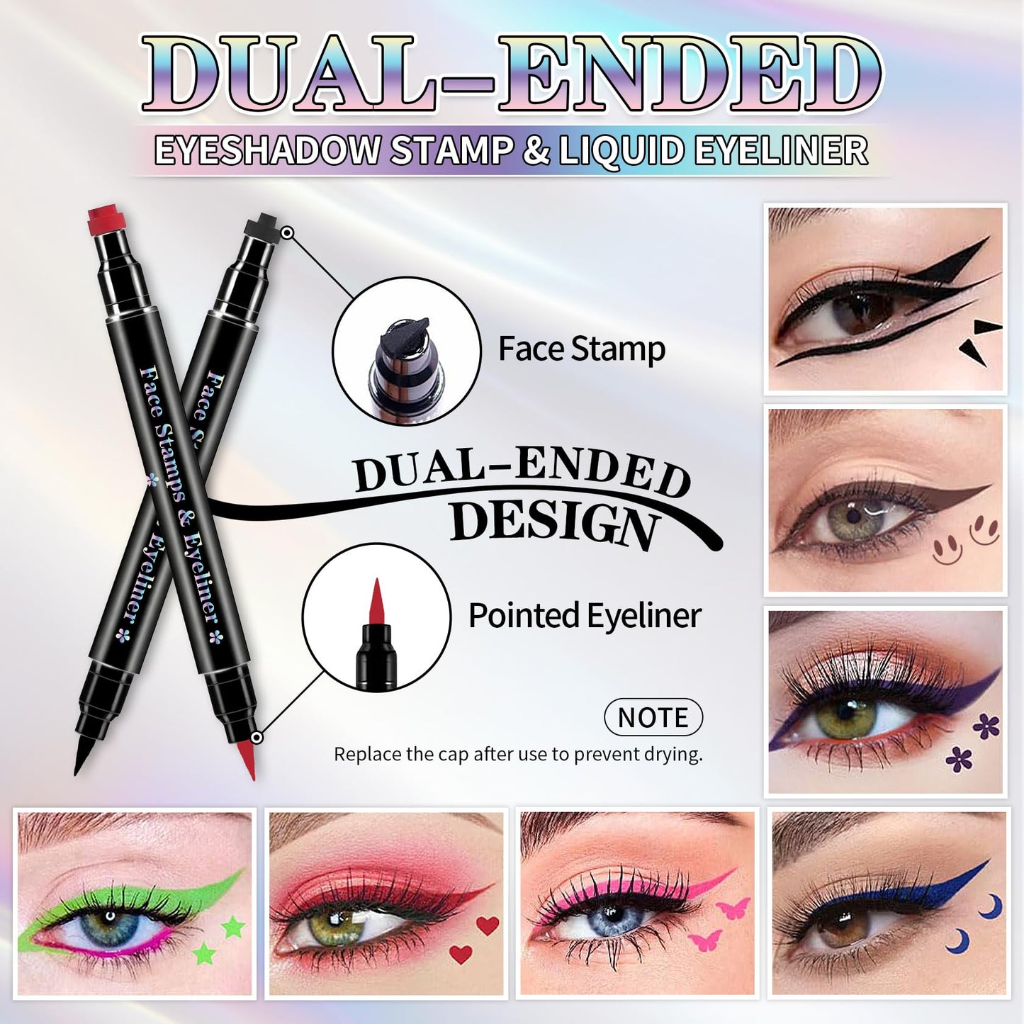 7Pcs Colored Liquid Eyeliner Stamp Pen Double-sided Face Stamps Set Green Red Pink Blue Purple Brown Black Eyeliner, Star Heart Butterfly Moon Flowers Smiley Triangle Stamp for Cosplay Eye Makeup