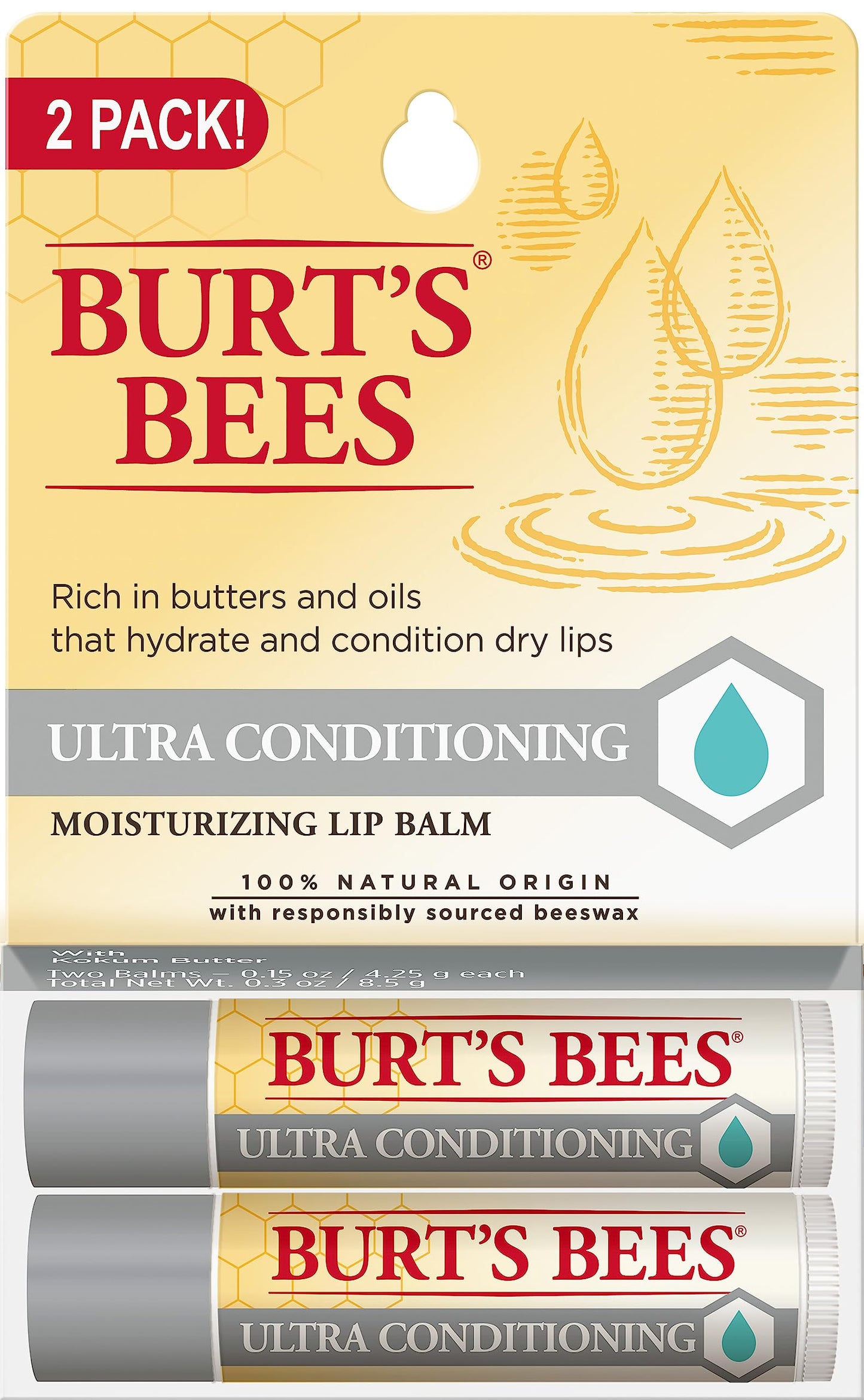 Burt's Bees Lip Balm Valentines Day Gifts, Ultra Conditioning Moisturizing, Lip Moisturizer Rich in Oils and Butters, Natural Origin Lip Care, 2 Tubes, 0.15 oz.