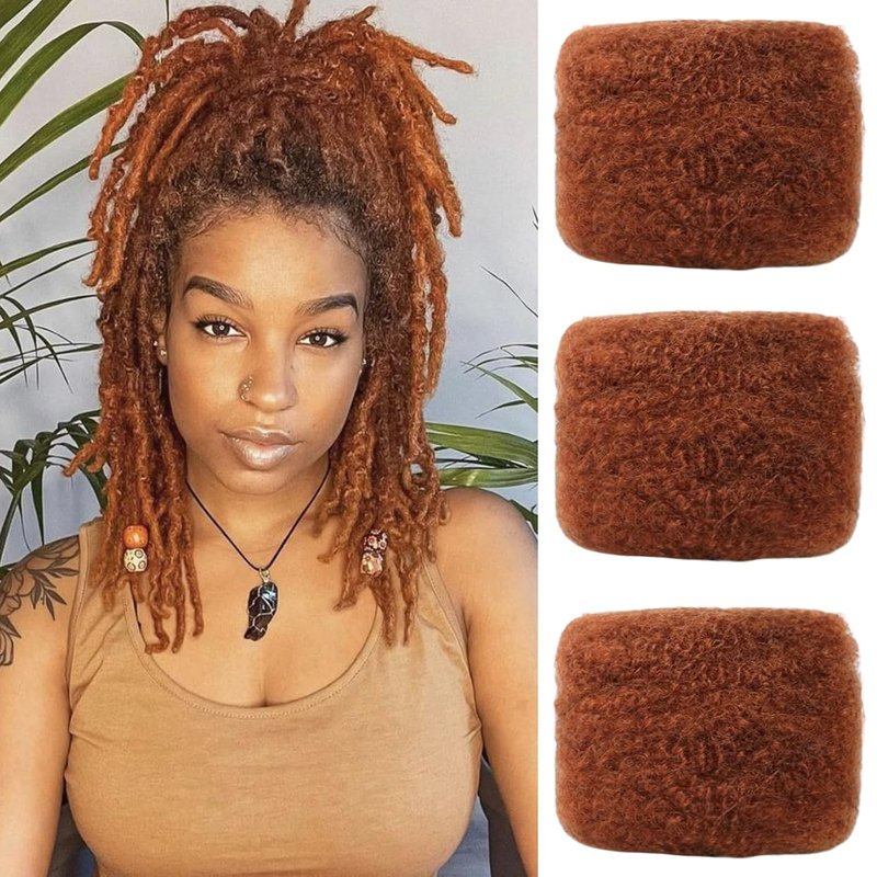 Afro Kinky Bulk Human Hair for Dreadlock Extensions - 100% Human Hair, 3 Packs, 90g | Ginger, 8 Inch