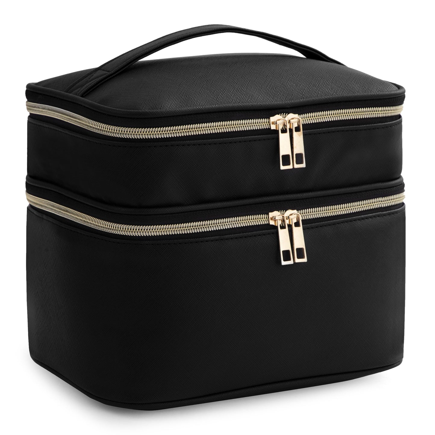 HBlife Extra Large Double Layer Travel Makeup Bag Portable Leather Cosmetic Bag Make Up Bag Makeup Case Organizer Toiletry Bag for Women Girls with Handle, Removable Divider and Shoulder Strap (Black)
