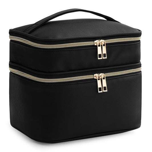 HBlife Extra Large Double Layer Travel Makeup Bag Portable Leather Cosmetic Bag Make Up Bag Makeup Case Organizer Toiletry Bag for Women Girls with Handle, Removable Divider and Shoulder Strap (Black)