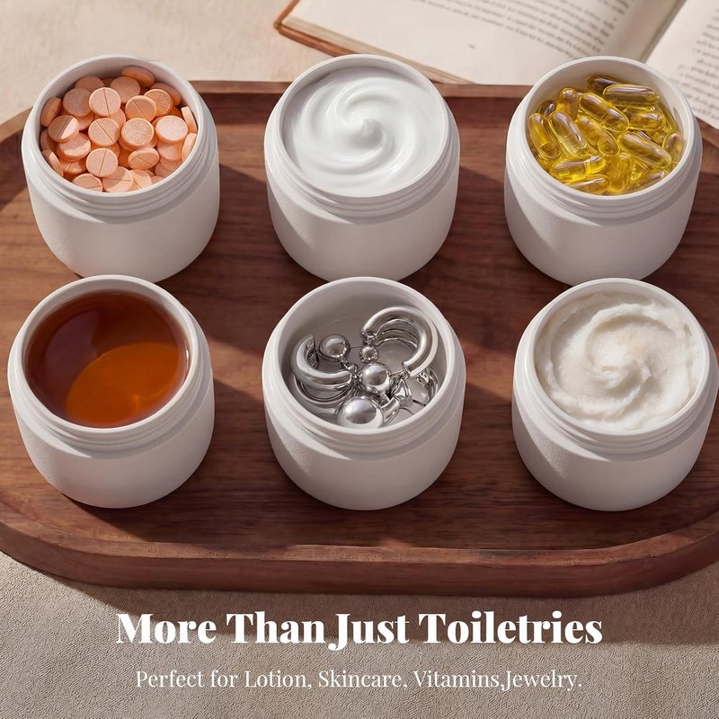 Travel Toiletry Containers - Ultra Leakproof TSA-Approved Hard Shell Jars | 3 Pack, 2oz, Beige with Magnetic Labels