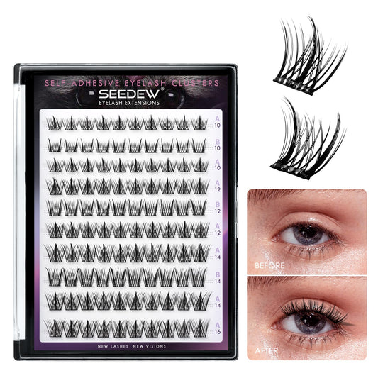 SEEDEW Lash Clusters, 100 Pieces DIY Eyelash Extensions, Individual Cluster Lashes, Super Thin Band, No Glue Needed Resuable Soft Natural Self Adhesive Lashes at Home(ABA-C Curl-MIX10-16mm-Black)