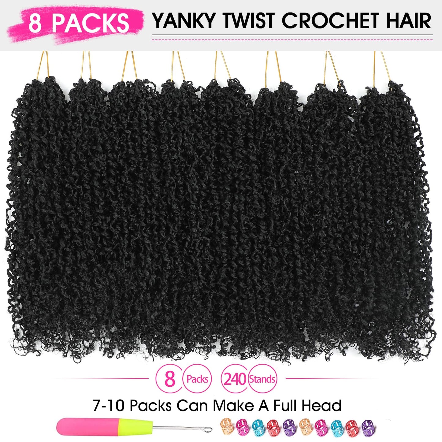 NAYOO 14 Inch Yanky Twist Crochet Hair - 8 Packs (30 Stands/Pack) Mini Passion Twist with Curly Ends Synthetic Natural Black Pre-Looped Crochet Braids Braiding Hair(14 Inch, 1B)