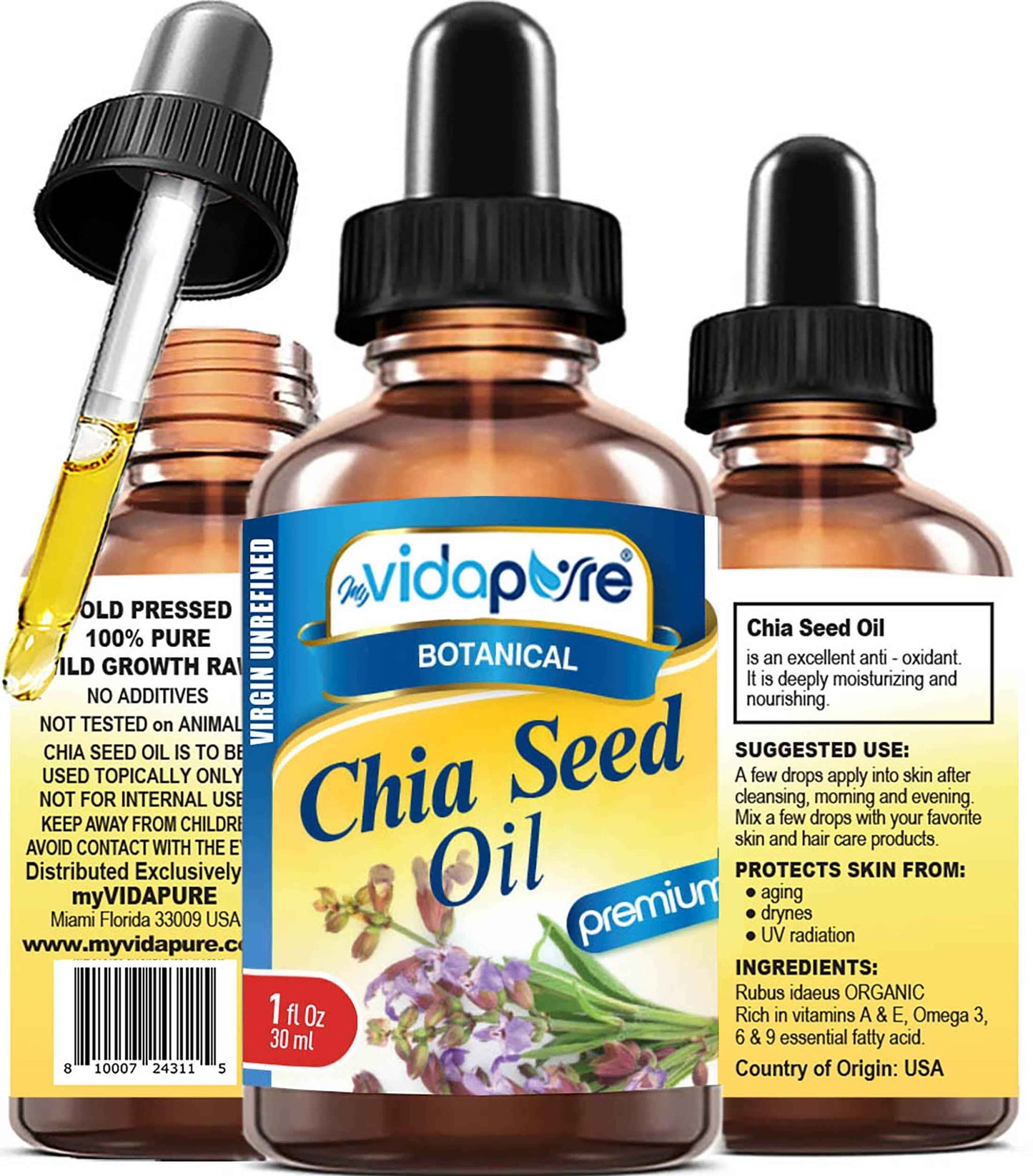 MYVIDAPURE CHIA SEED OIL Pure Natural Undiluted Refined Cold Pressed Carrier Oil for Skin, Face, Hair, Lip and Nail Care Anti-Aging (1 Fl Oz)