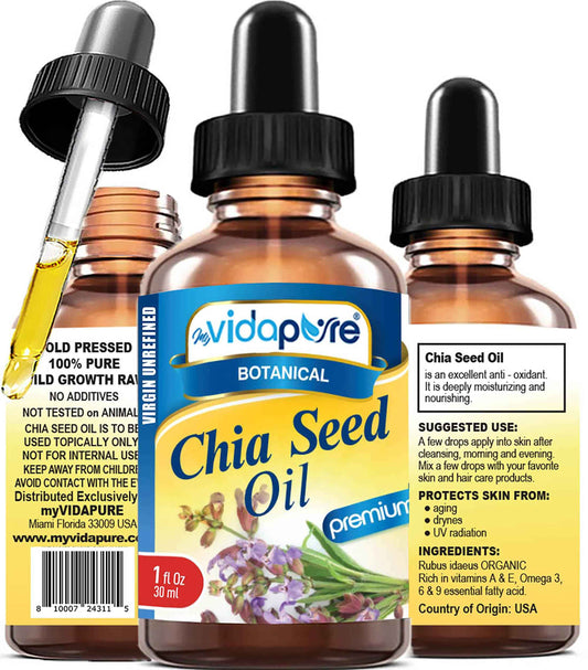 MYVIDAPURE CHIA SEED OIL Pure Natural Undiluted Refined Cold Pressed Carrier Oil for Skin, Face, Hair, Lip and Nail Care Anti-Aging (1 Fl Oz)