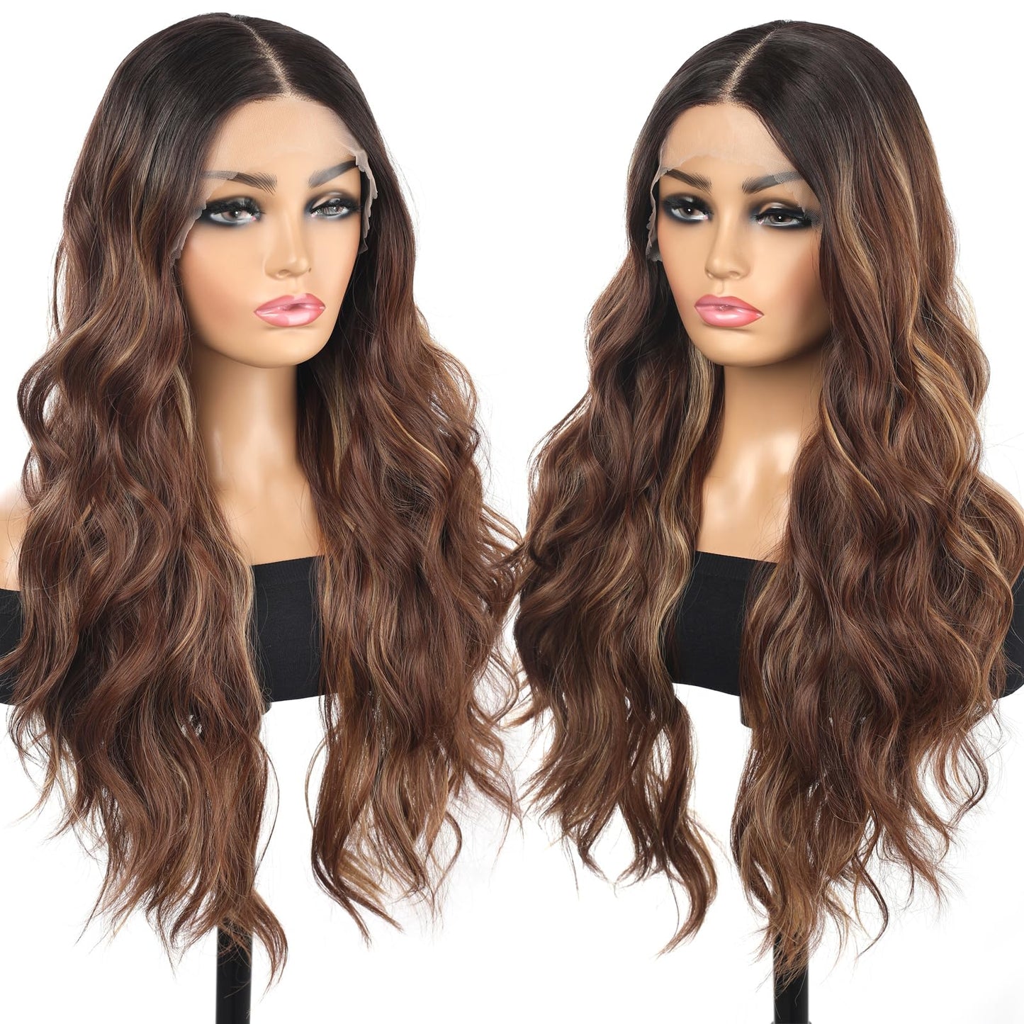 Rallarkrysset Lace Front Wig Balayage Pre Plucked Ombre Brown Highlight 13x4x1 Wigs for Women Ready to Wear HD Glueless Natural Long Wavy Wig for Women Middle Part Soft as Human Hair