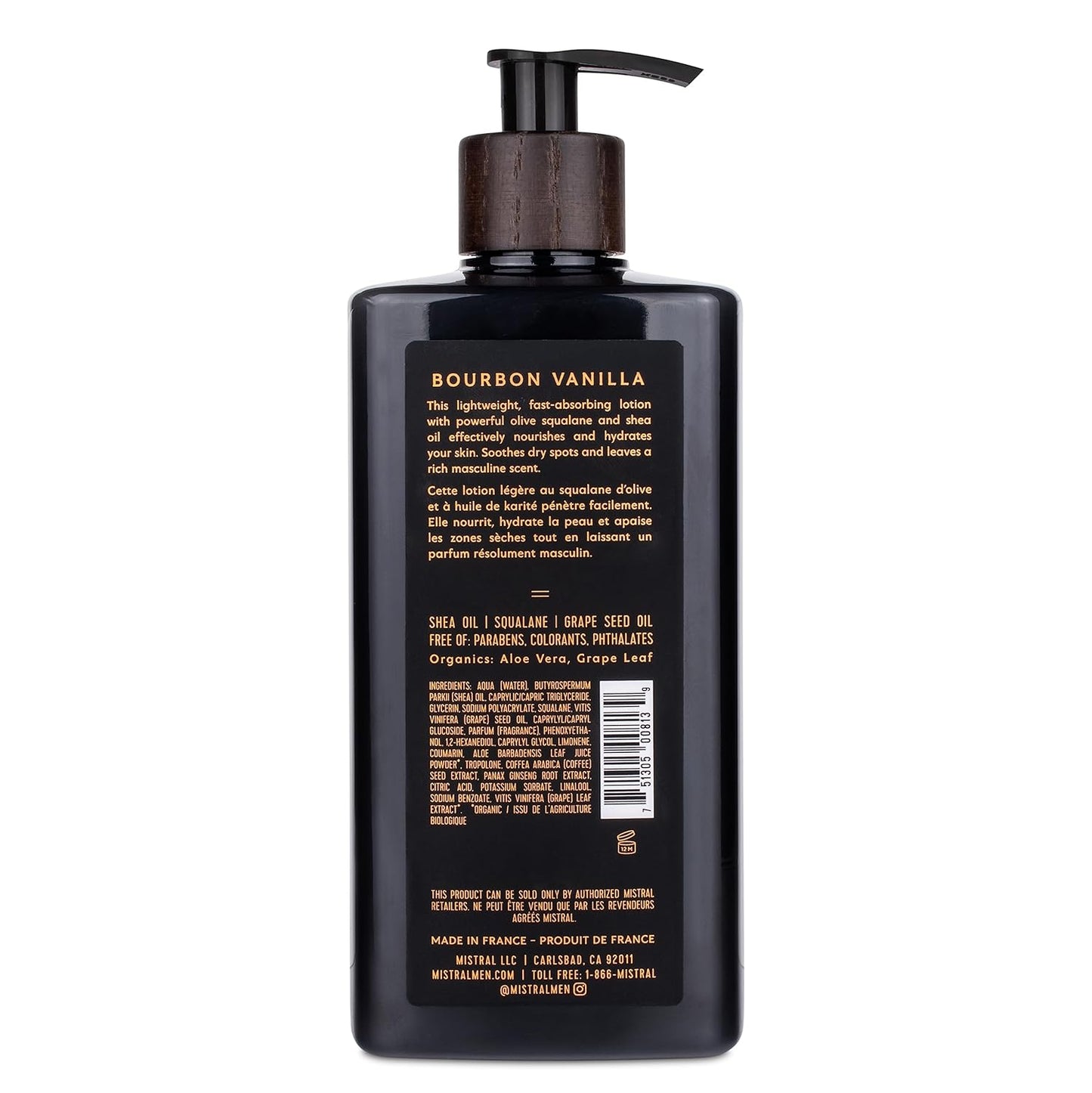 Mistral Bourbon Vanilla Body Lotion for Men - Fast-Absorbing Moisture-Rich Cream with Shea Oil & Squalane | 13.5 fl oz