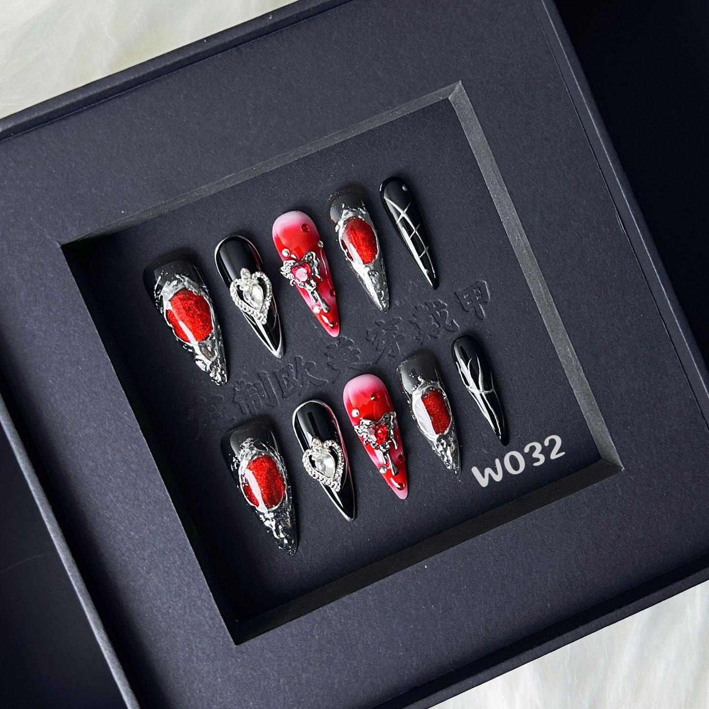 100% Handmade Press on Nails Halloween Nail Press ons Medium Almond Black Fake Nails with Skeleton Silver Charms Design Halloween Press on Nail Gothic Reusable Handmade Nails for Women Girls Size M