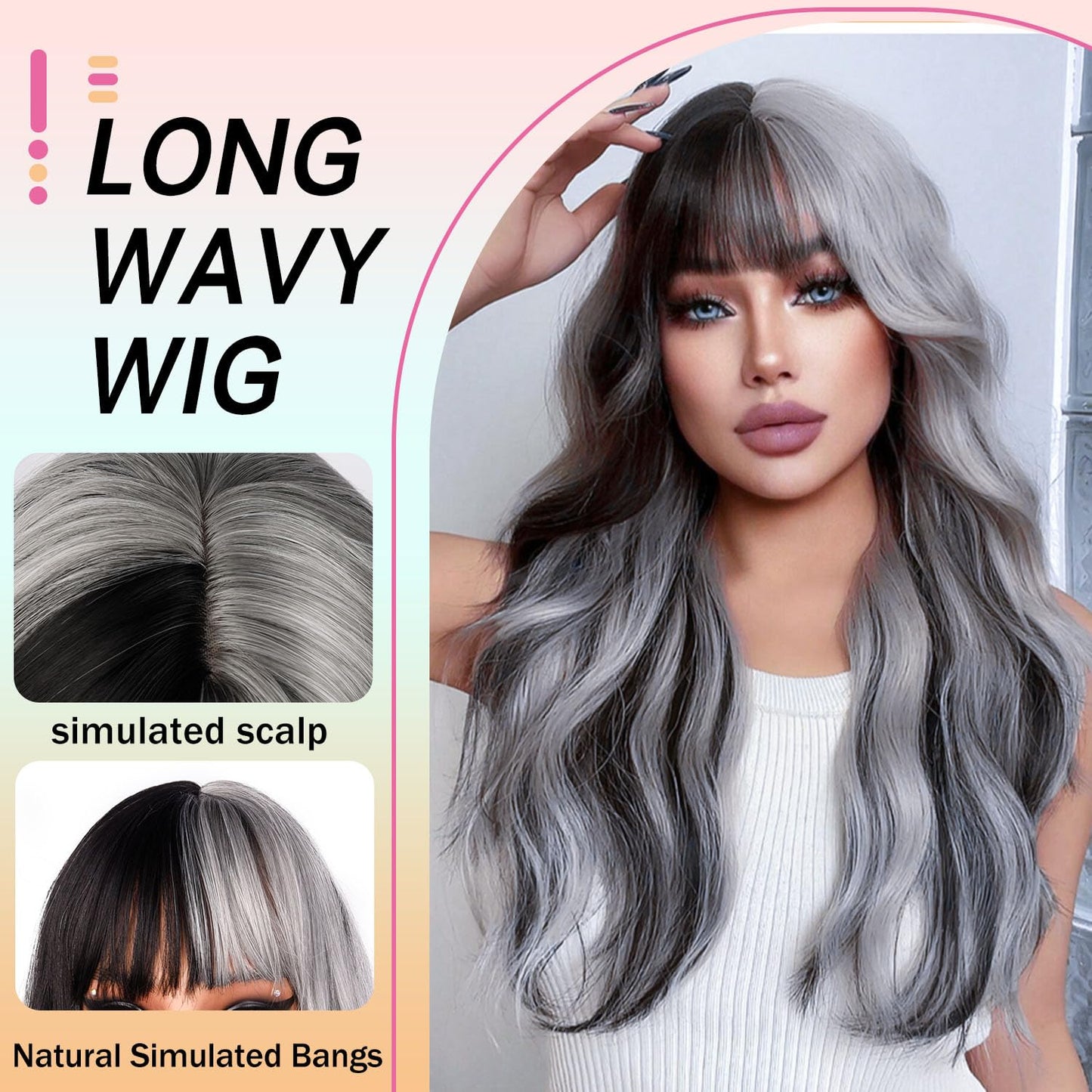 Grey Wig with Bangs - 26 Inch Long Wavy Synthetic Hair | Natural-Looking Heat-Resistant Style for Women