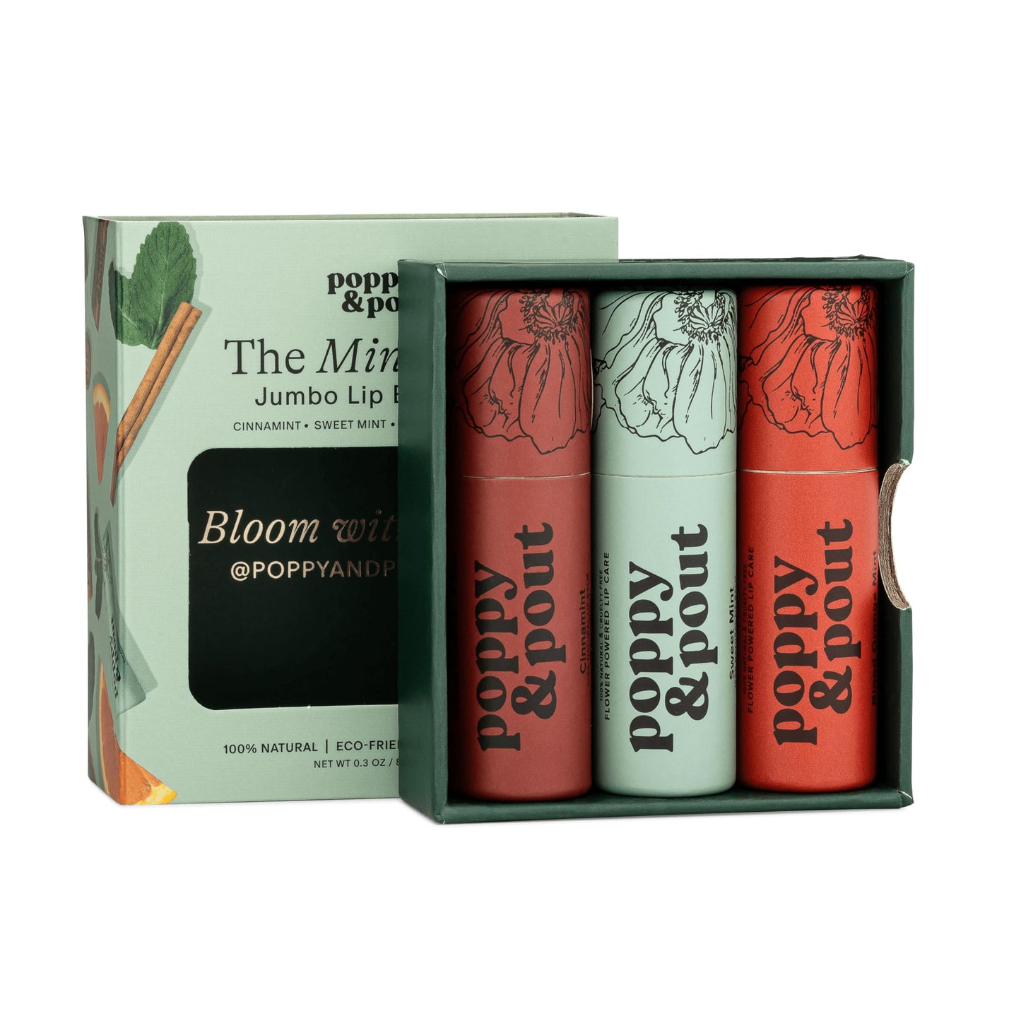 Jumbo Lip Balm Gift Set (3-Pack, Minty Flavors) | Poppy & Pout All Natural Lip Balms & Moisturizers | Hydrates with Beeswax, Vitamin E, Organic Coconut Oil | Cruelty-Free | Recyclable Cardboard Tube