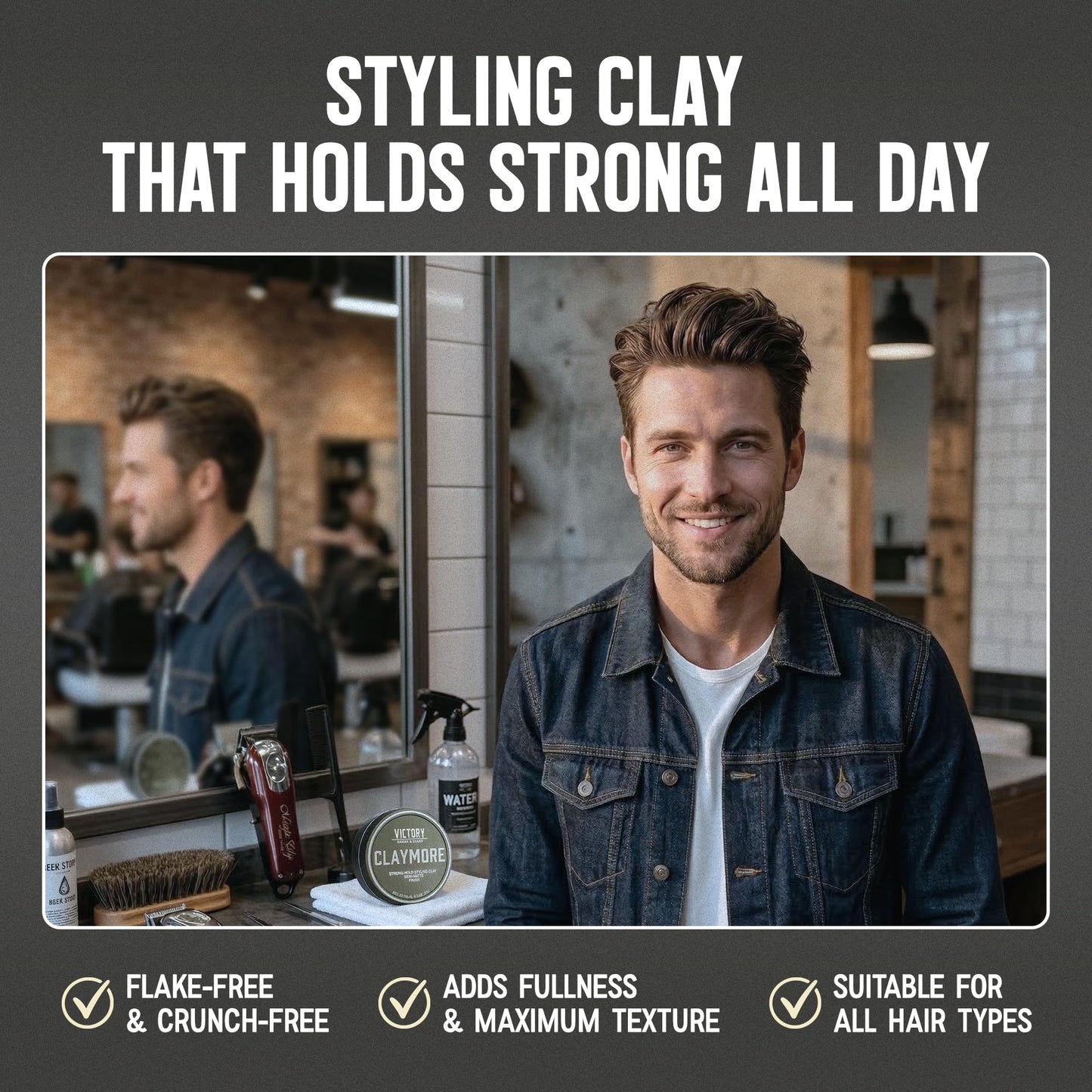 Victory Barber & Brand Claymore hair pomade for men | Strong Hold Matte Finish Men's Clay Pomade | made in usa | Designed by barbers, made for the rugged | Texturizing & Styling Clay 3.1 Oz