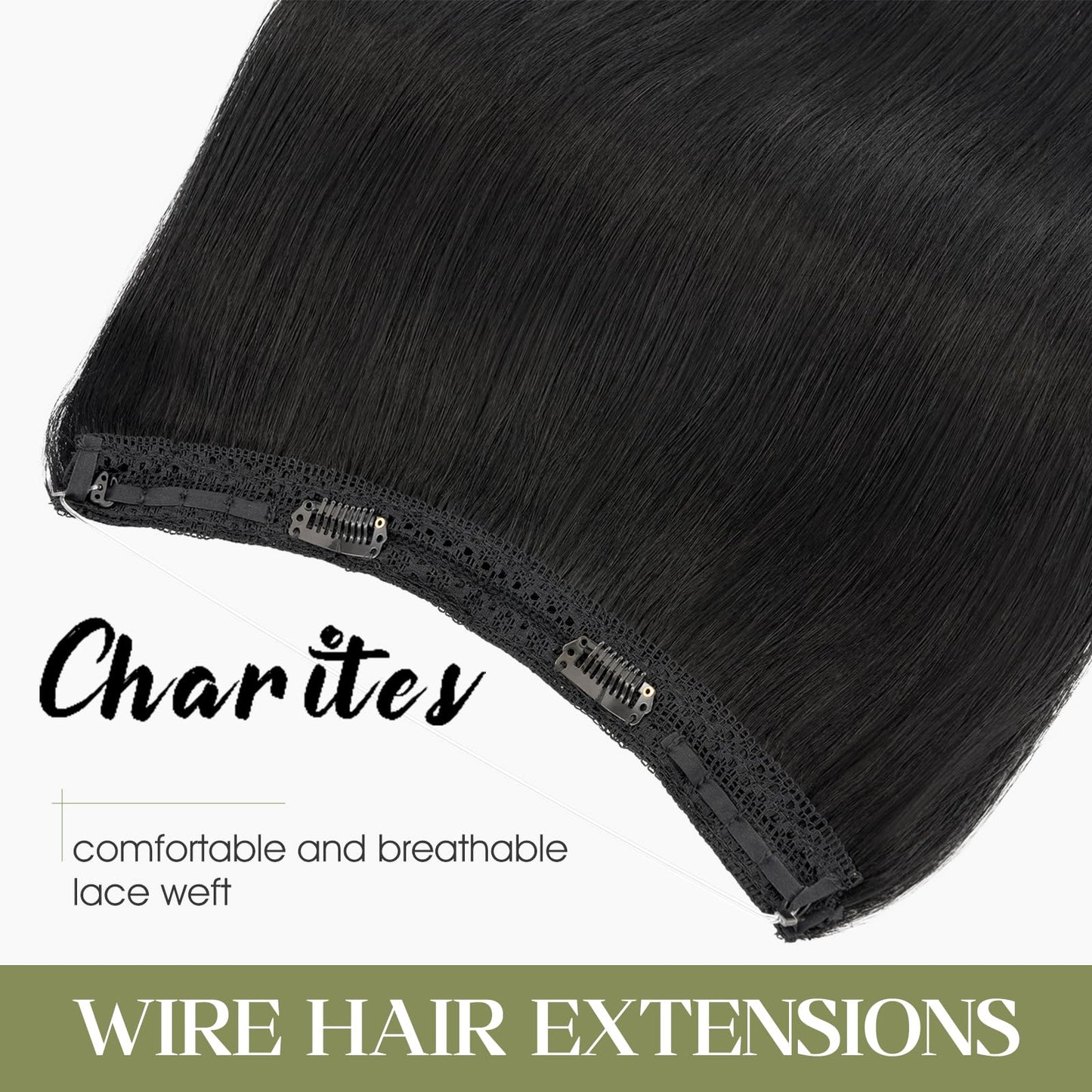 Charites Halo Hair Extensions Real Human Hair Invisible Wire Extensions with Transparent Fish Line Adjustable Size Jet Black 14 inch
