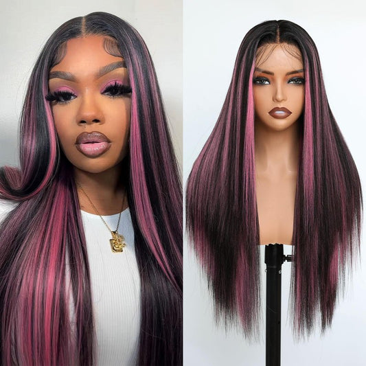 FABÉLLE Black and Pink Highlight Wig Lace Front Wigs Pre Plucked with Baby Hair Glueless Wig 26 Inch Long Straight for Women Pink Color Forehead Synthetic 13×4×1 Lace Front Wig