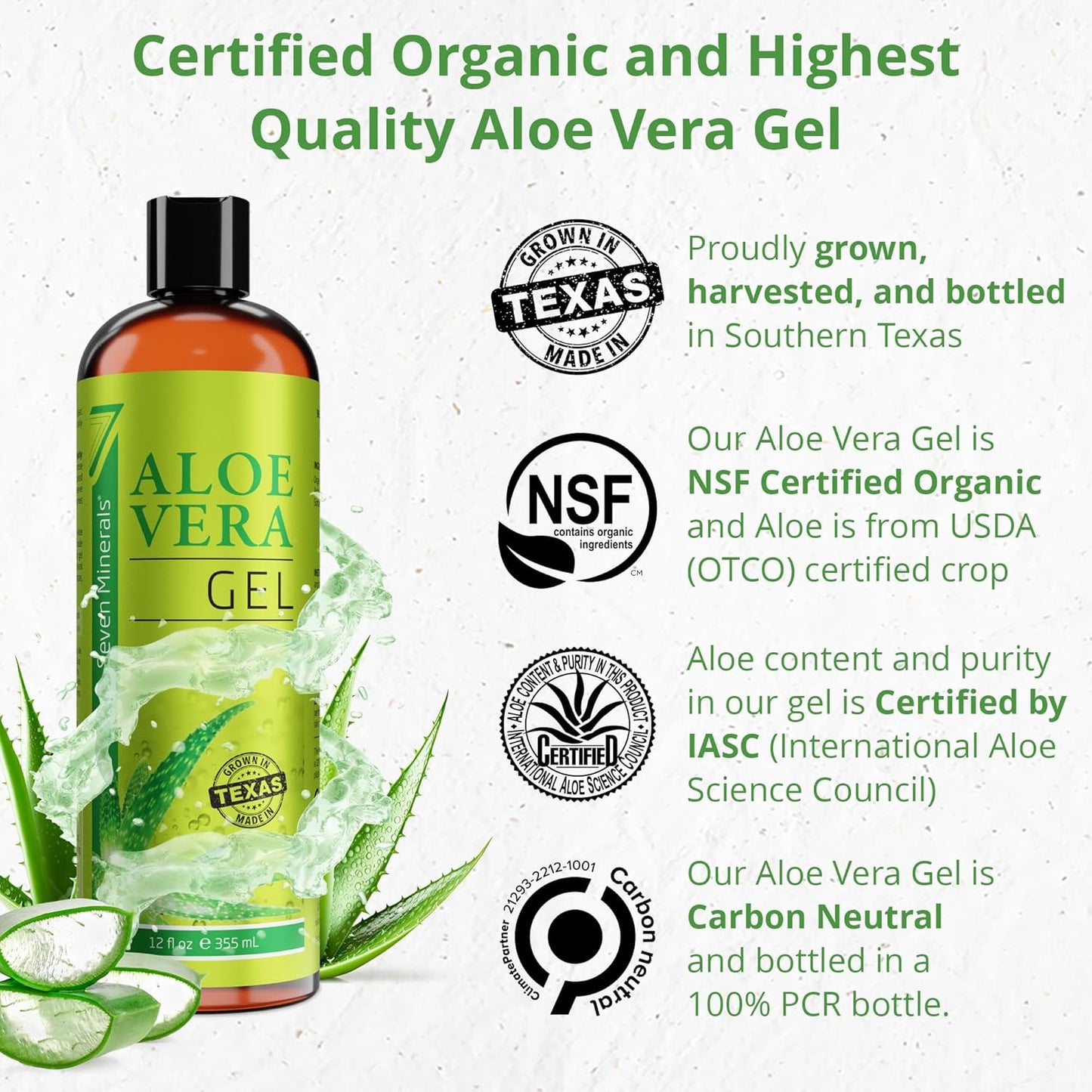 Organic Aloe Vera Gel - 100% Pure, Vegan, Unscented - 12oz for Face, Skin, Hair & Sunburn Relief