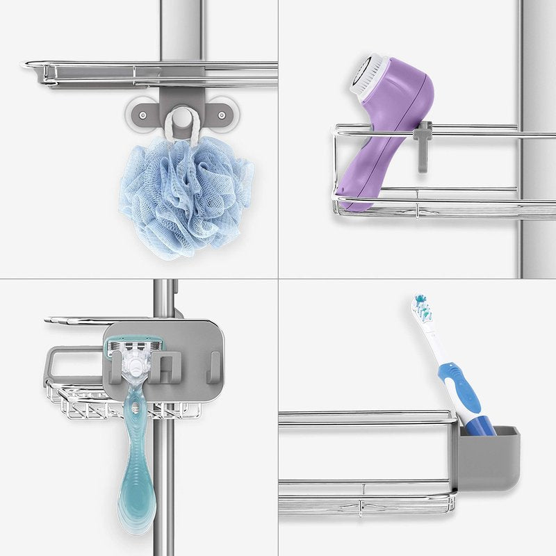 simplehuman X-Large Adjustable Hanging Shower Caddy, Handheld Showerhead Compatible, Family-Size Bathroom Organizer with 12-Inch Extended Neck, Adjustable Shelves, Rust-Proof Stainless Steel