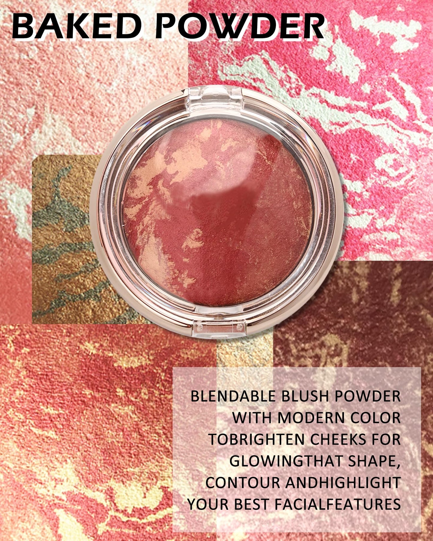 Baked Blush,Peachy Pink Glow Marbleized Blush Powder Palette,Shimmer Powder Blusher Eyeshadow & Highlight for a Lightweight Shimmery Satin Face Makeup, Women's Mother's Day Makeup Gift for Women-01#