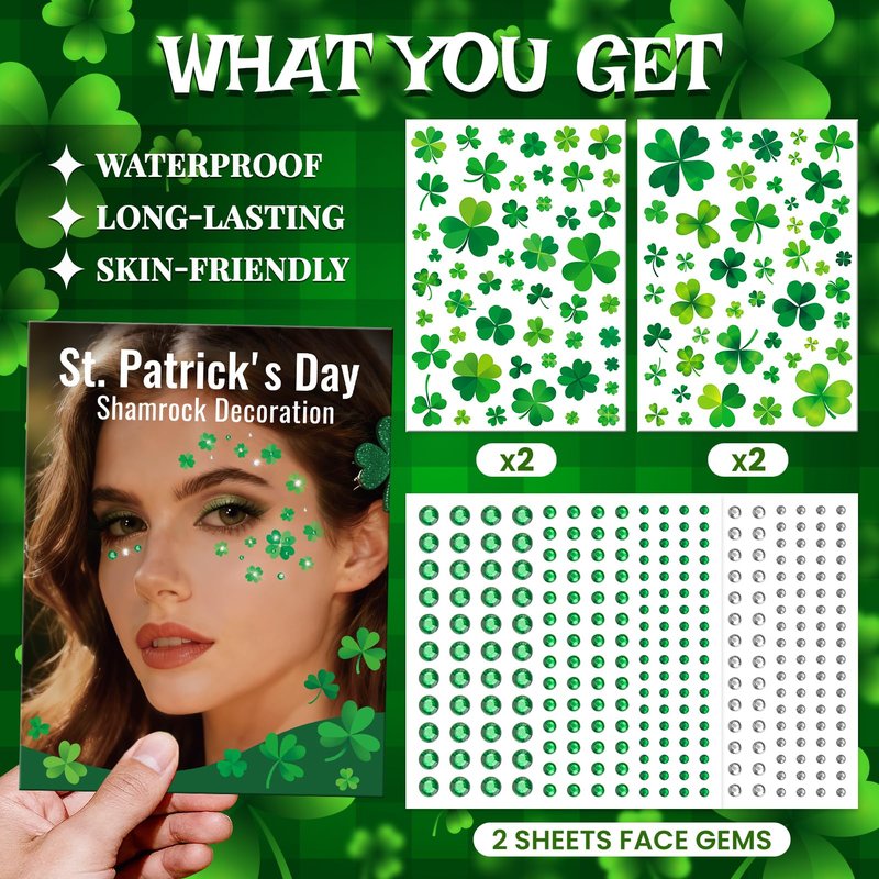 EMOME St Patrick Day Accessories, St Patrick's Day Shamrock Face Tattoo with Green White Face Gems, Saint Patrick's Day Makeup Art Decorations for Women, Girls