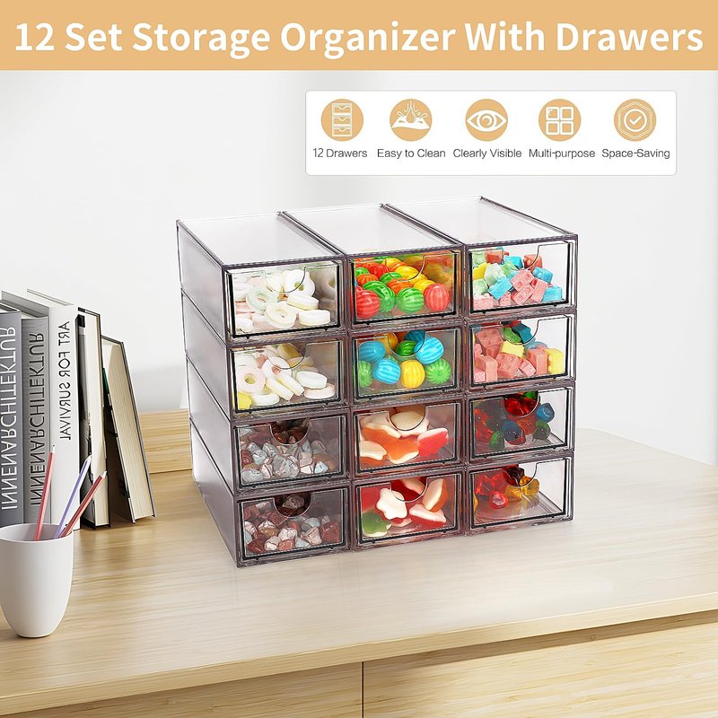 WUHUME Desk Organizer with Drawers, Stackable Plastic Storage Drawers for Makeup or Desk Organization, Cabinets for Office Dressing Countertop Bathroom Bedroom (12 Packs)