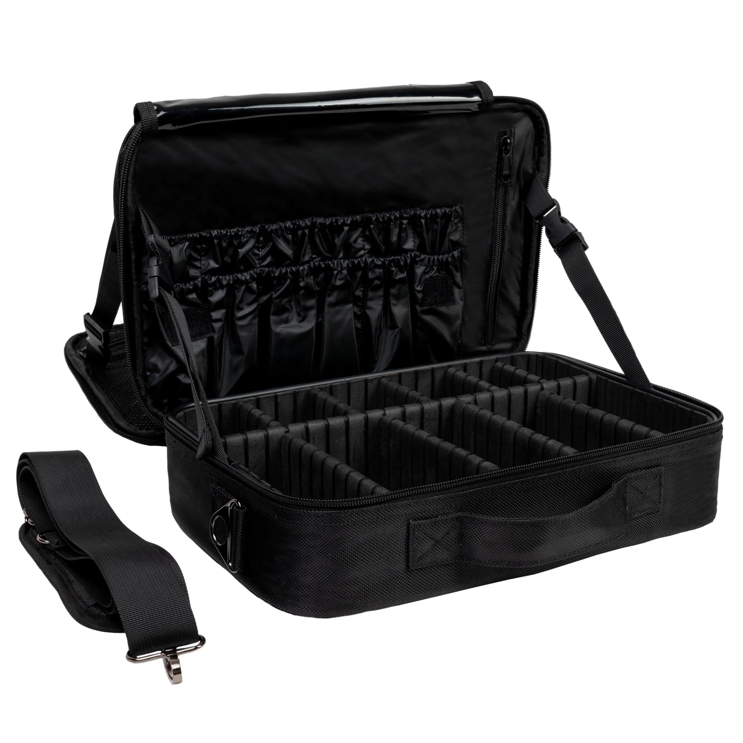 Carrywell Makeup Bag Travel Case, Not-Made In China, Hard Train Case for Cosmetics, Portable Beauty Artists Organizer, Storage Box With Adjustable Dividers For Make Up and Brushes, Medium Black
