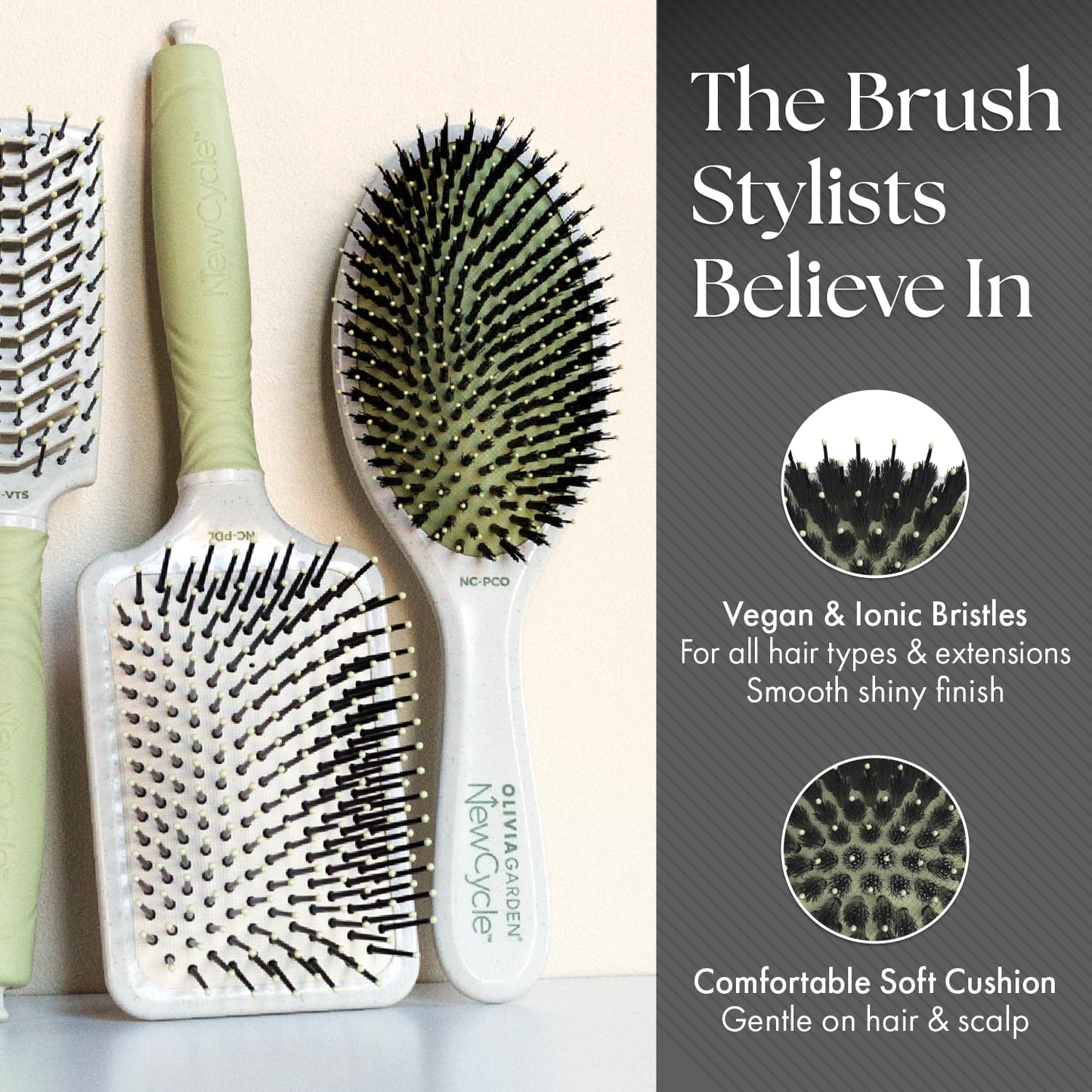 Olivia Garden NewCycle Round Vegan Boar and Ionic bristles Cushion Hair Brush and made from 100% recycled material (except bristles and cushion)