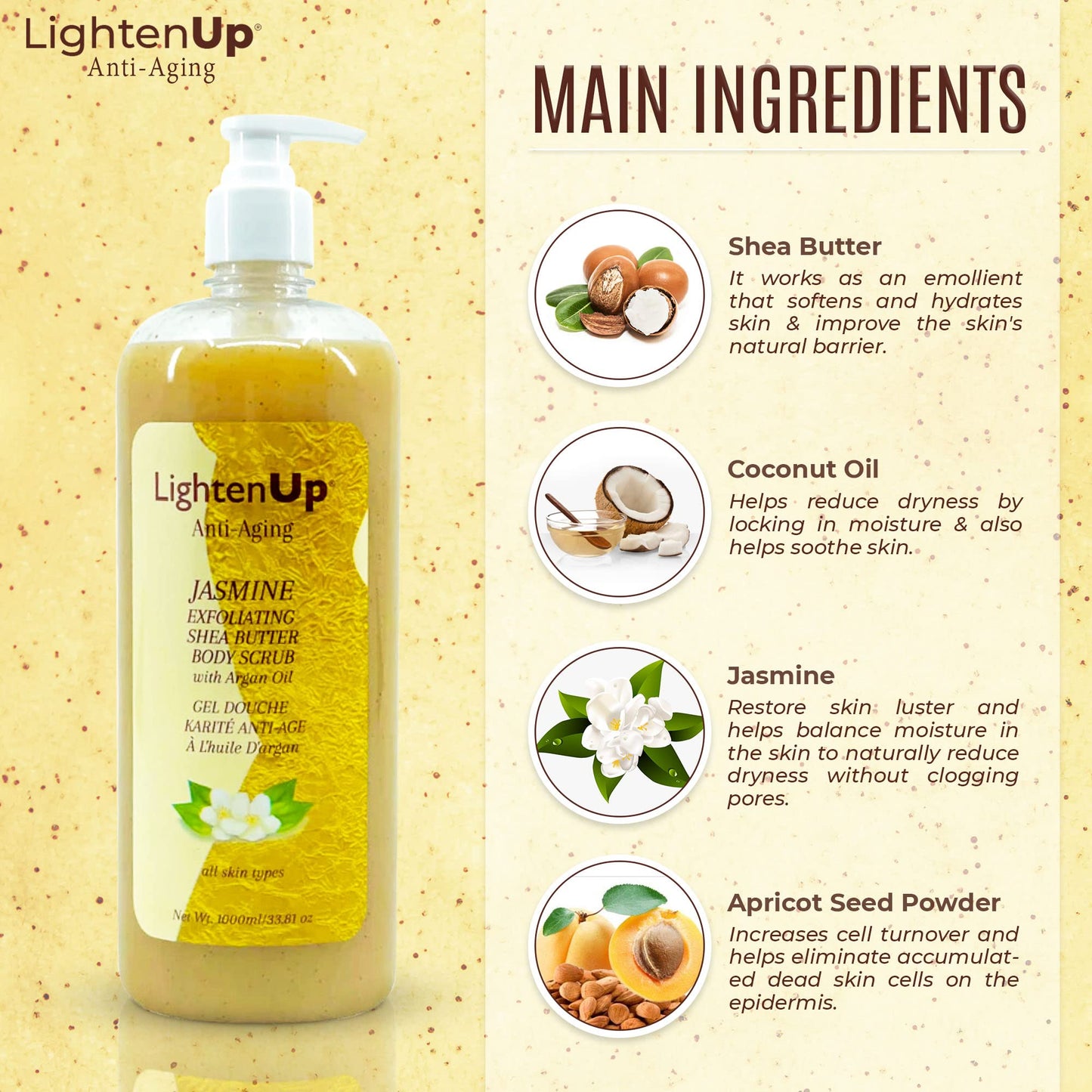 OMIC Lighten-Up LightenUp Exfoliating Body Wash - 33.8 Fl oz / 1000 ml - Formulated to Exfoliate and to Nourish Skin, with Shea Butter, Jasmine Oil Argan Oil
