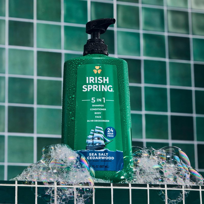 Irish Spring 5 in 1 Moisturizing Body Wash for Men, Shampoo, Conditioner, Body and Face Wash, and 24 Hour Deodorizer, Paraben-Free, Sea Salt & Cedarwood Scent, 30 fl oz