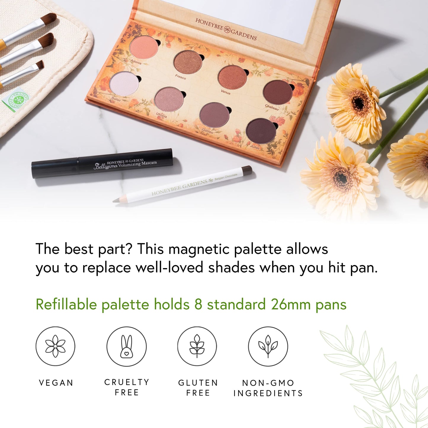 Honeybee Gardens Nude Renaissance Refillable Eye Shadow Palette, 8 Neutral Shades Matte & Shimmer, Highly Pigmented Long Lasting Blendable Makeup, Vegan Talc-Free Eyeshadow Kit, 1.3g Each