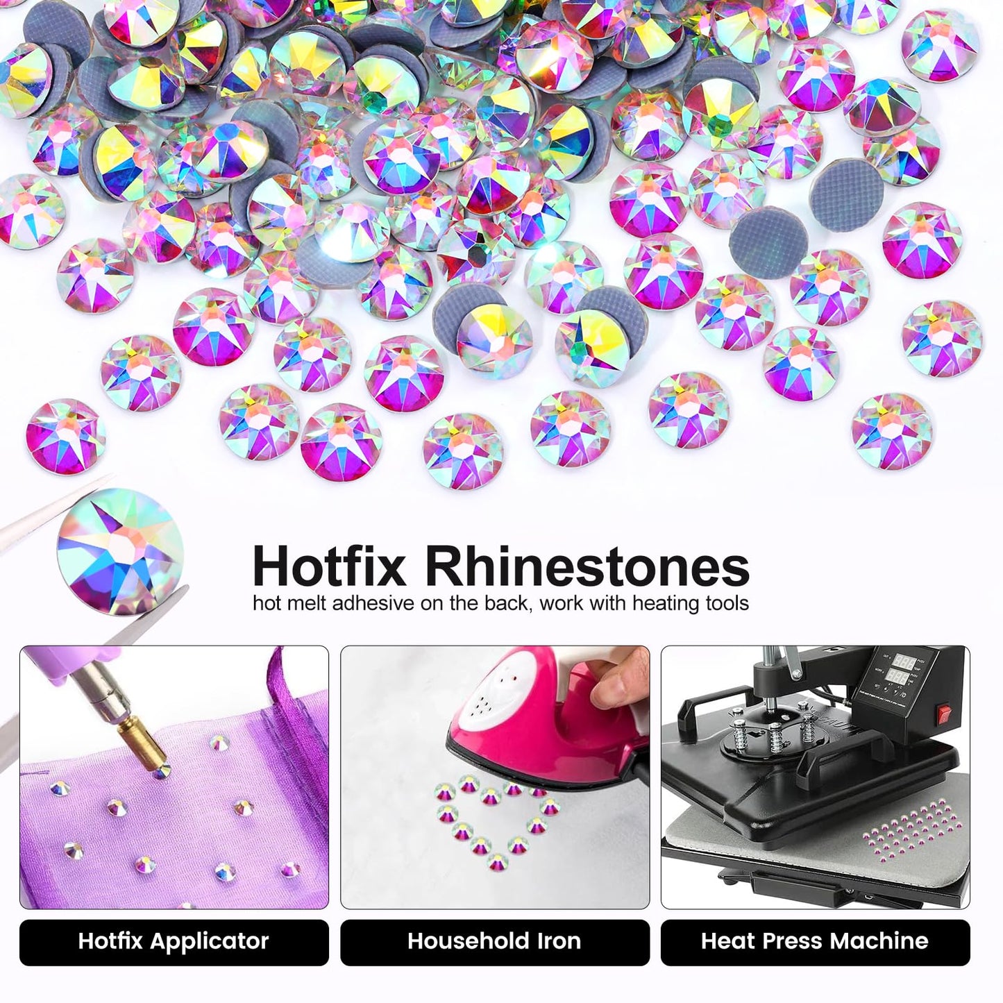 Novani Hotfix Rhinestones 288pcs Crystal AB Round Iron on Rhinestone Style 2088 Sparkly Crystal Gemstones for Fabric and Crafting, SS34 (7.0-7.3mm)