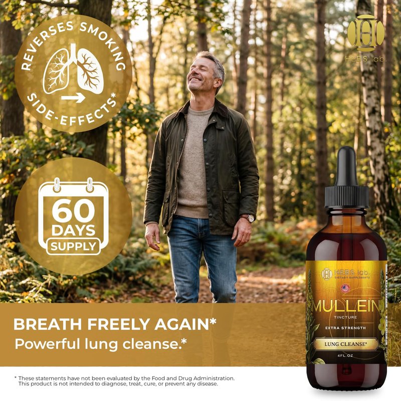 HEBS LAB. Mullein Leaf Extract for Lung Cleanse and Health - Mullein Drops Made in USA - Lung Support Supplement - Herbal Respiratory Support - Mullein Extract Tincture 4 Fl Oz