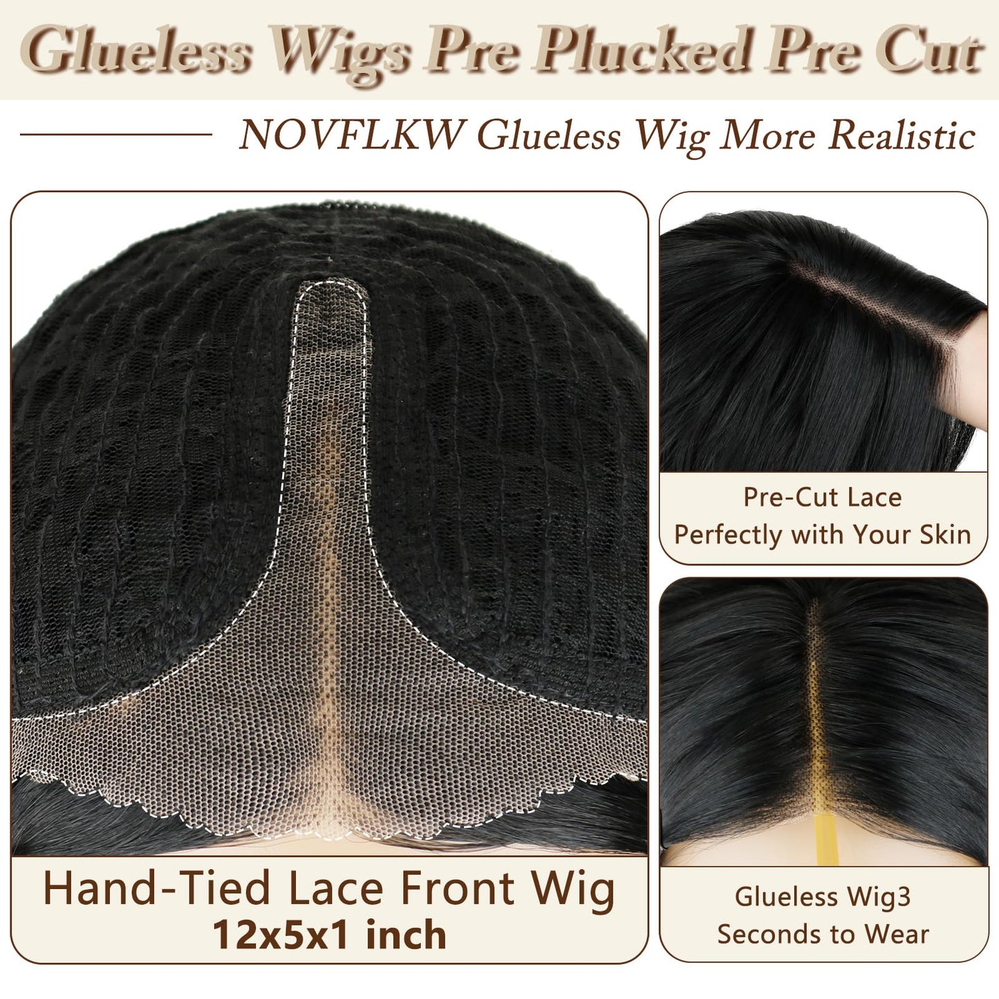 NOVFLKW Brown Highlight Short Wavy Wig for Women Shoulder Length Middle Part with Pre Cut Lace Hairline Wavy Wig Natural Appearance Synthetic Heat Resistant Fiber for Everyday Hairstyle 16 Inch