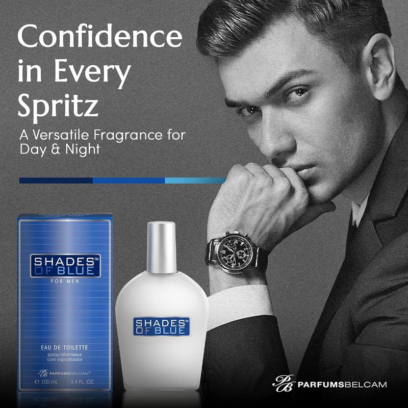 PB ParfumsBelcam Shades of Blue Eau de Toilette Spray for Men – Fresh Citrus Woody Cologne with Mandarin, Warm Spices & Musk – Mediterranean-Style Men’s Fragrance, Affordable Everyday Scent, 3.4 Fl Oz