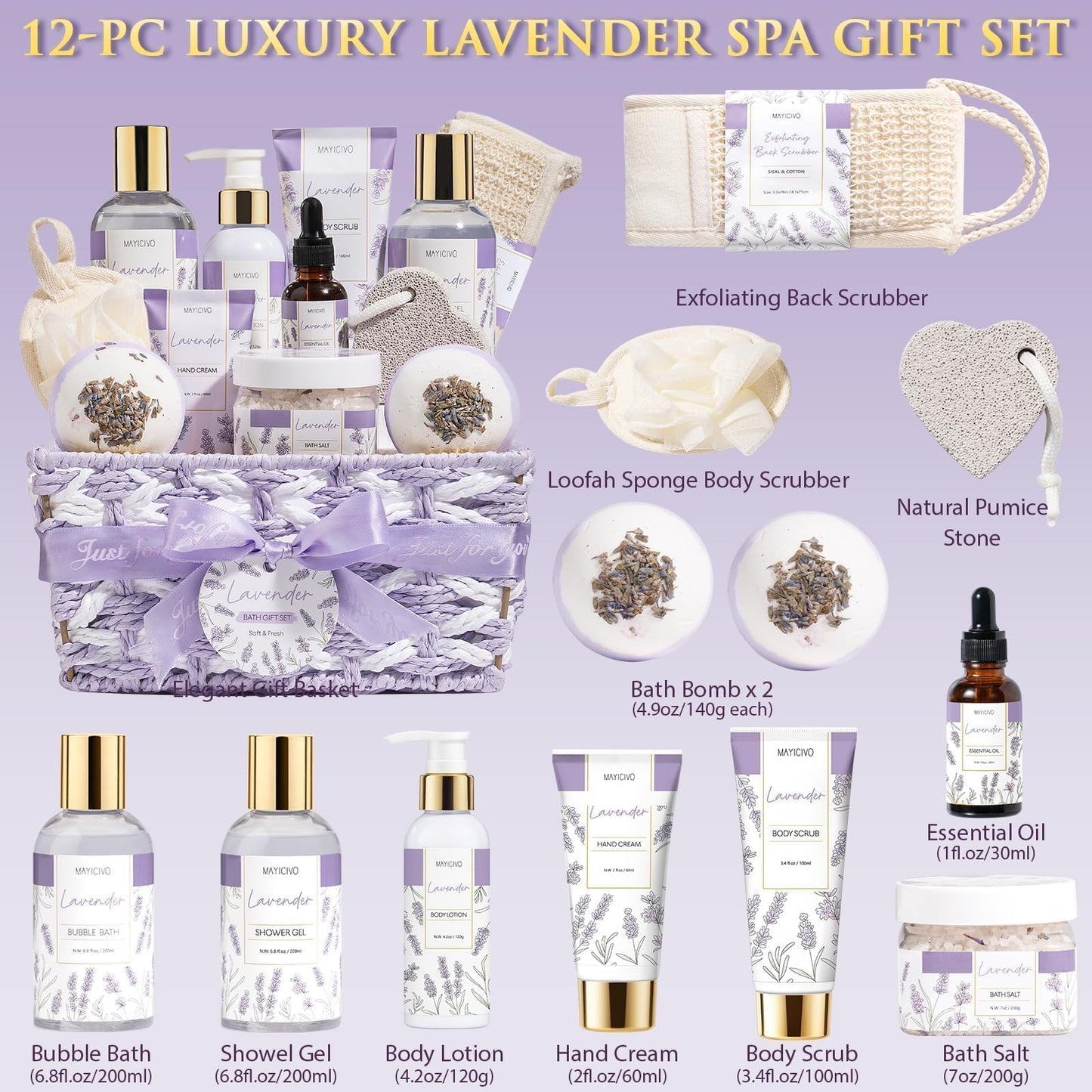 Mothers Day Birthday Gifts for Women, Lavender Relaxing Spa Gift Baskets for Women Self Care Package Bath Gift Set, Home Bath and Body Kit Pamper Gifts for Womens Her Mom Friends Wife Girlfriend Wife