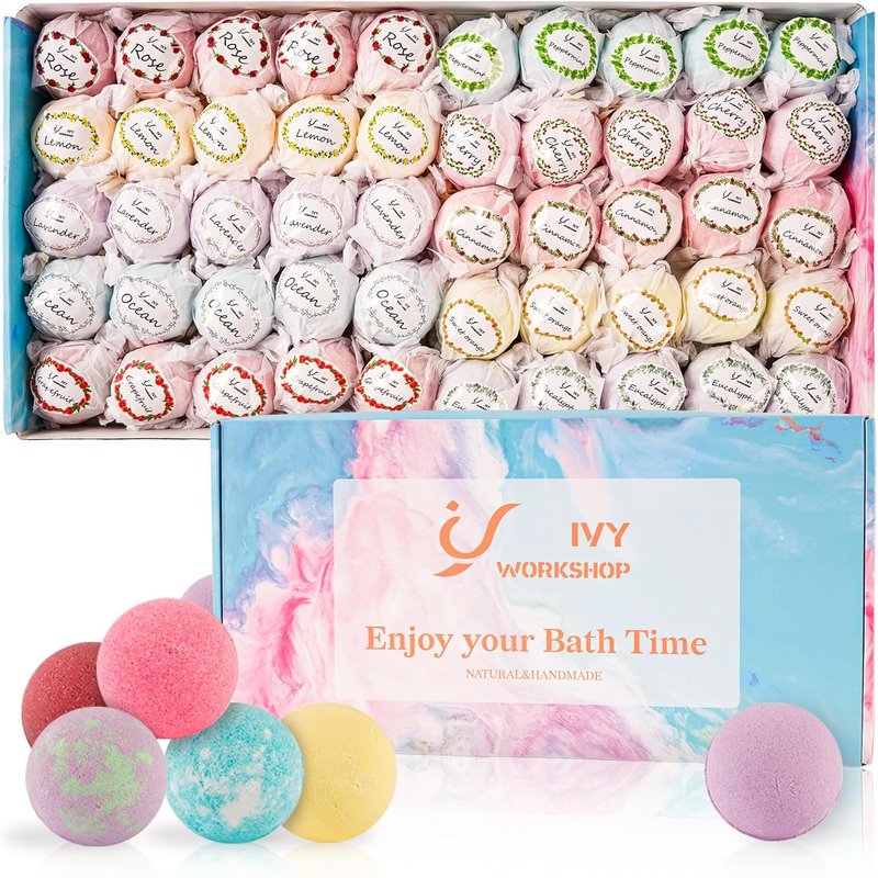 Natural Organic Bath Bombs Gift Set - 50 Pcs with 10 Scents | Handmade Spa Bubble Bath Fizzies for Women, Men, and Special Occasions