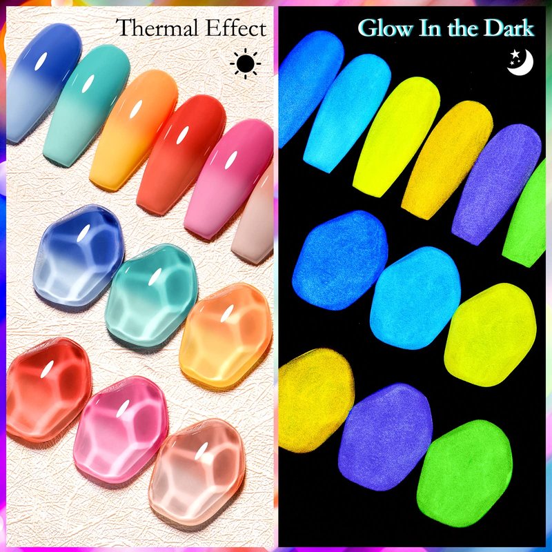 MSRUIOO Luminous Color Changing Gel Nail Polish Set, Glow in the Dark Mood Temperature Color Change Gel Nail Polish Pink Blue Red Orange Soak Off Gel Polish for Nail Art Manicure DIY at Home